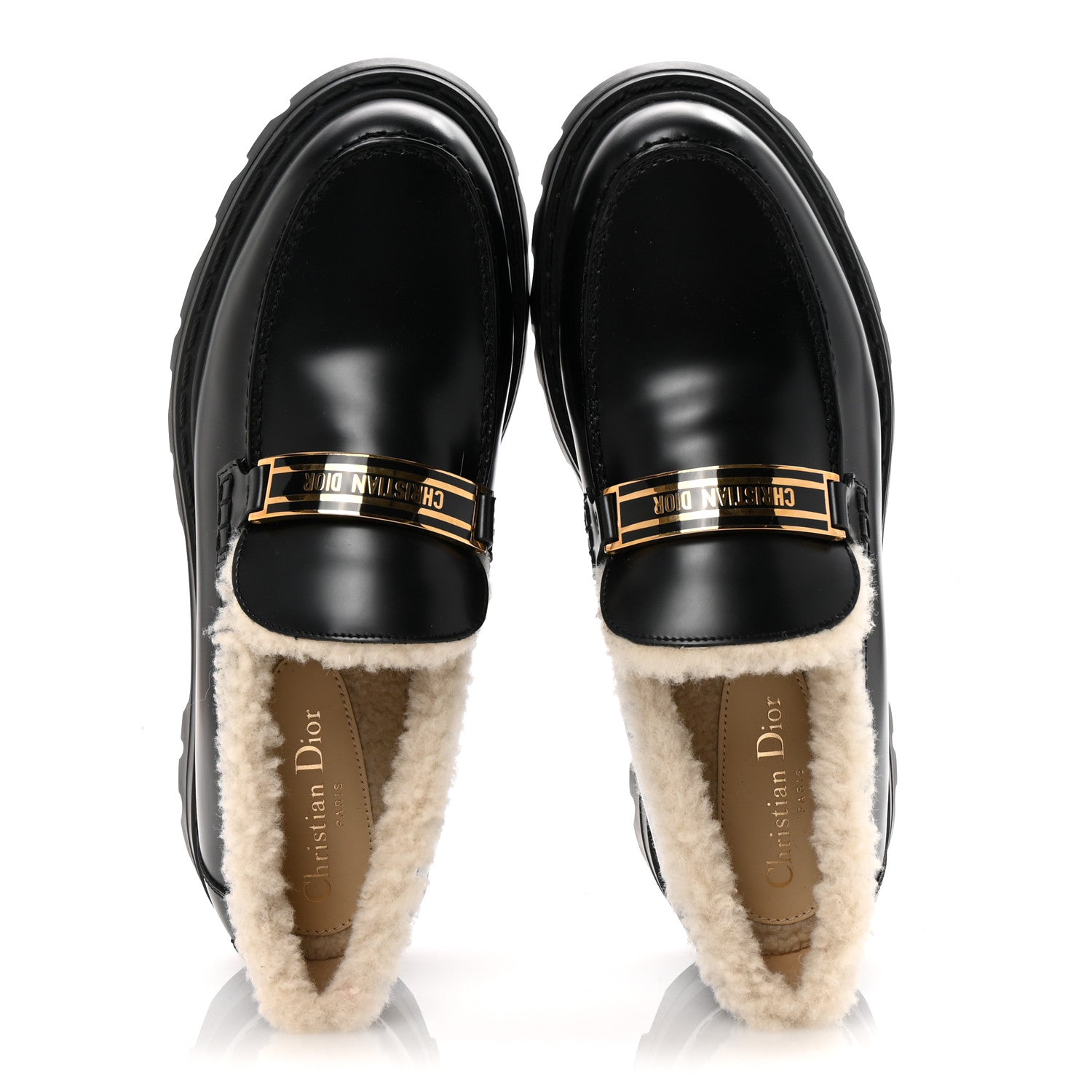 Brushed Calfskin Shearling Dior Code Lug Sole 15mm Loafers 41 Black Natural