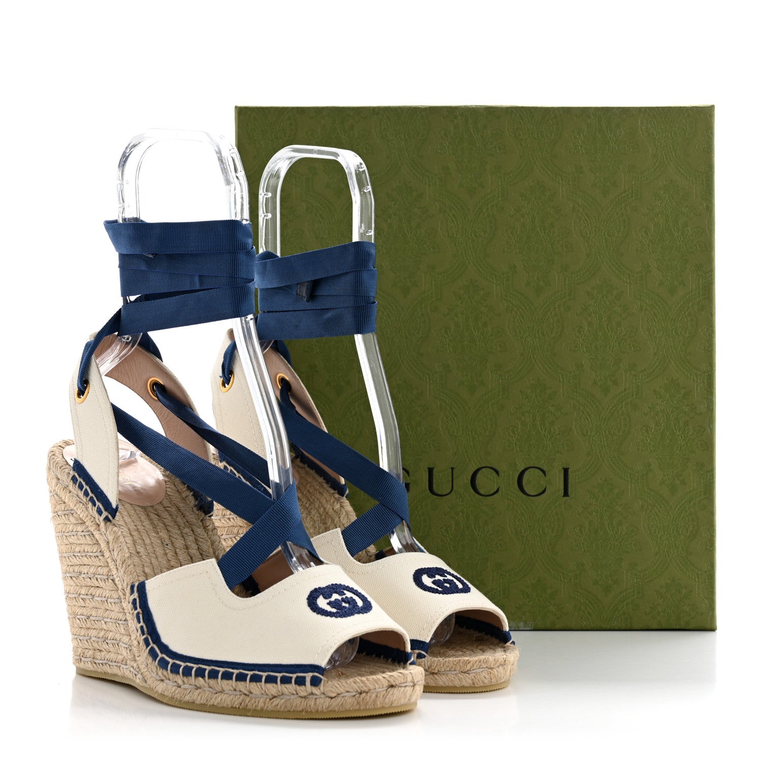 Canvas GG Ankle Wrap Platform Espadrille Wedges 40 Mystic White Royale Blue