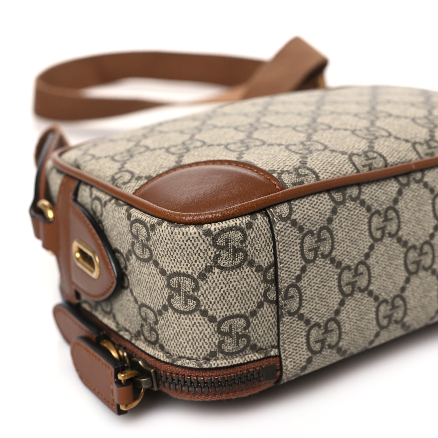 GG Supreme Monogram Textured Calfskin Emblem Mini Crossbody Beige Dark Brown