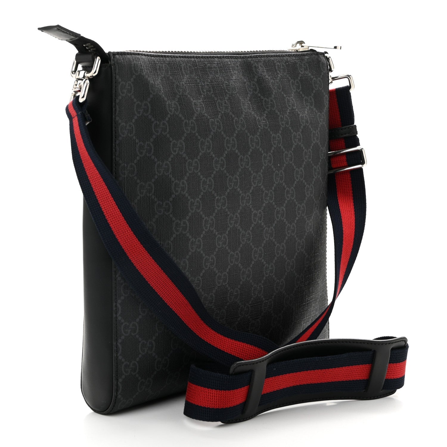 GG Supreme Monogram Appia Calfskin Web Flat Messenger Bag Black Grey