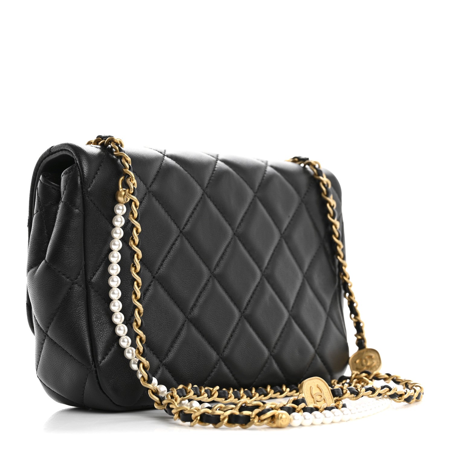 Lambskin Quilted  Pearl  Flap Black