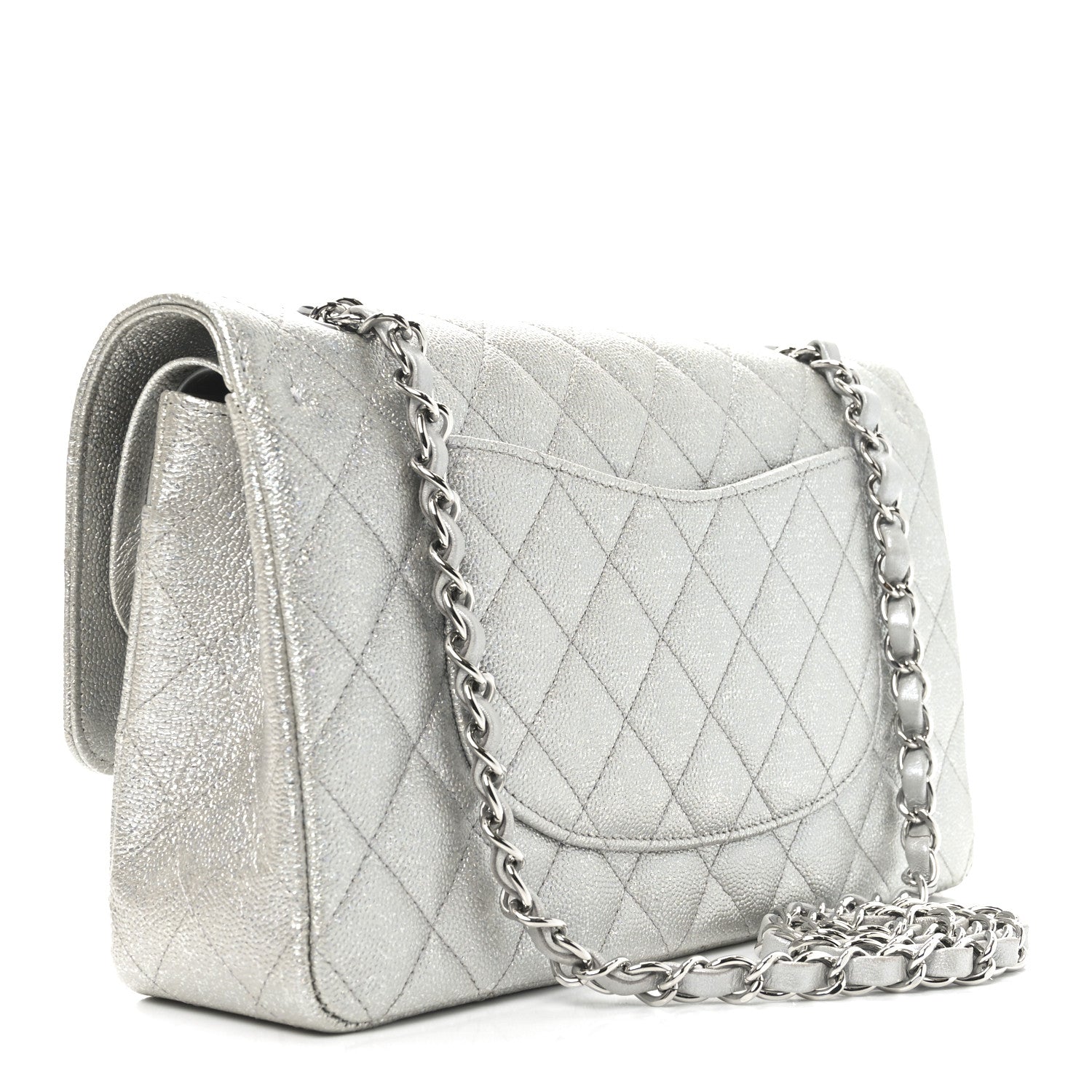 Glittered Metallic Caviar Quilted Medium Double Flap Silver
