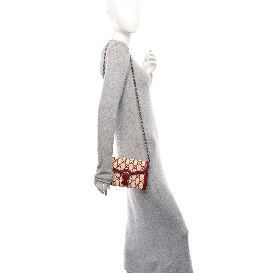 Straw Jacquard Azalea Calfskin GG Monogram Mini Dionysus Chain Wallet Natural New Cherry Red