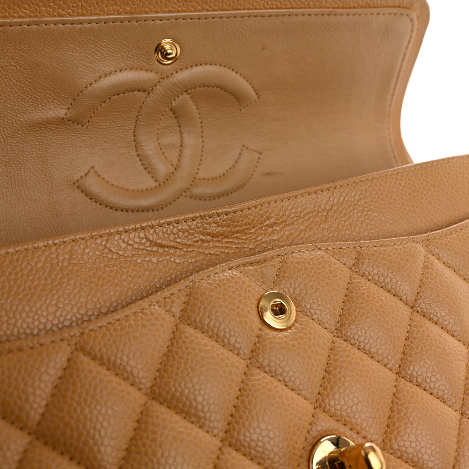 Caviar Quilted Medium Double Flap Beige