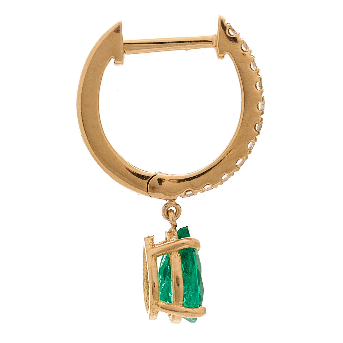 18K Rose Gold Diamond Emerald Pear Drop Huggie Earring