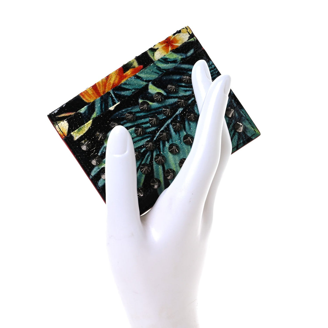 Crackled Calfskin Hawaii Print Paros Spikes Card Holder Black Gunmetal