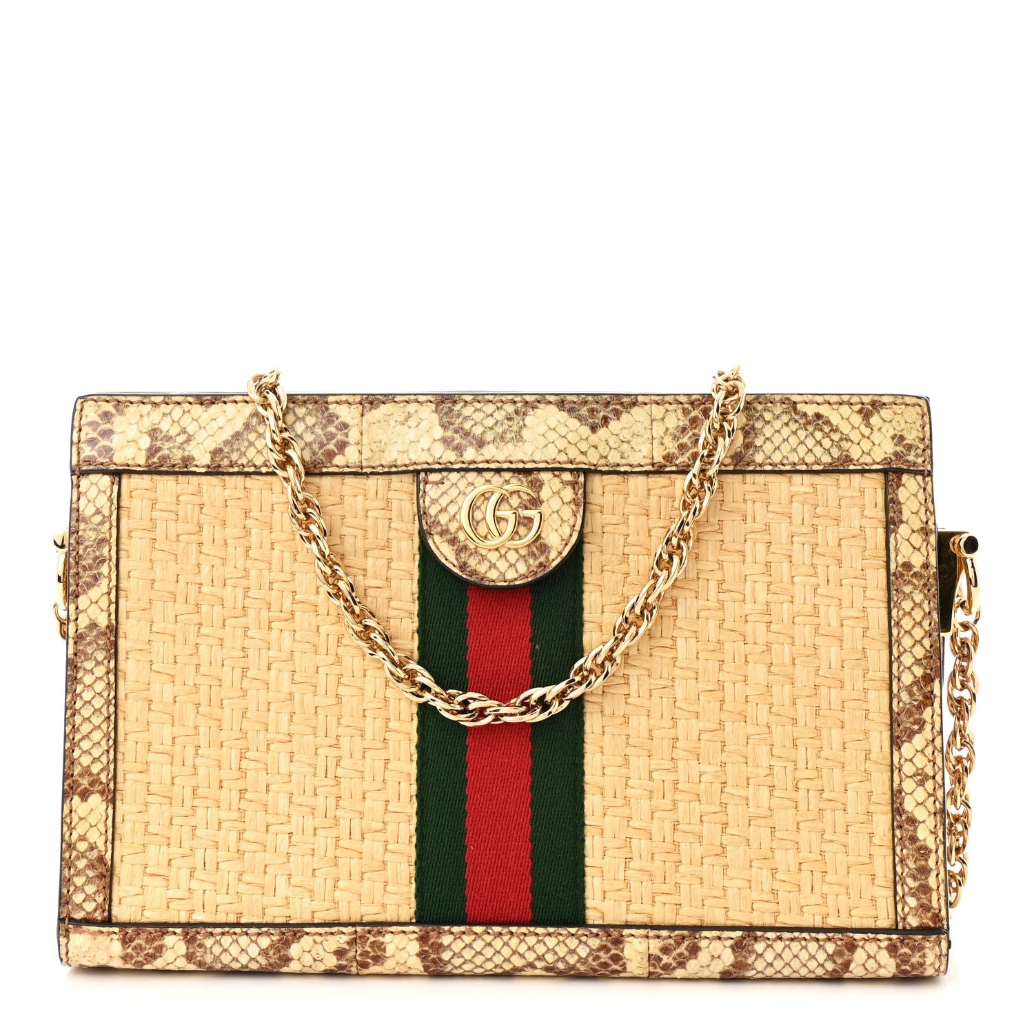 Raffia Elaphe GG Small Ophidia Chain Shoulder Bag Natural Cream Brown