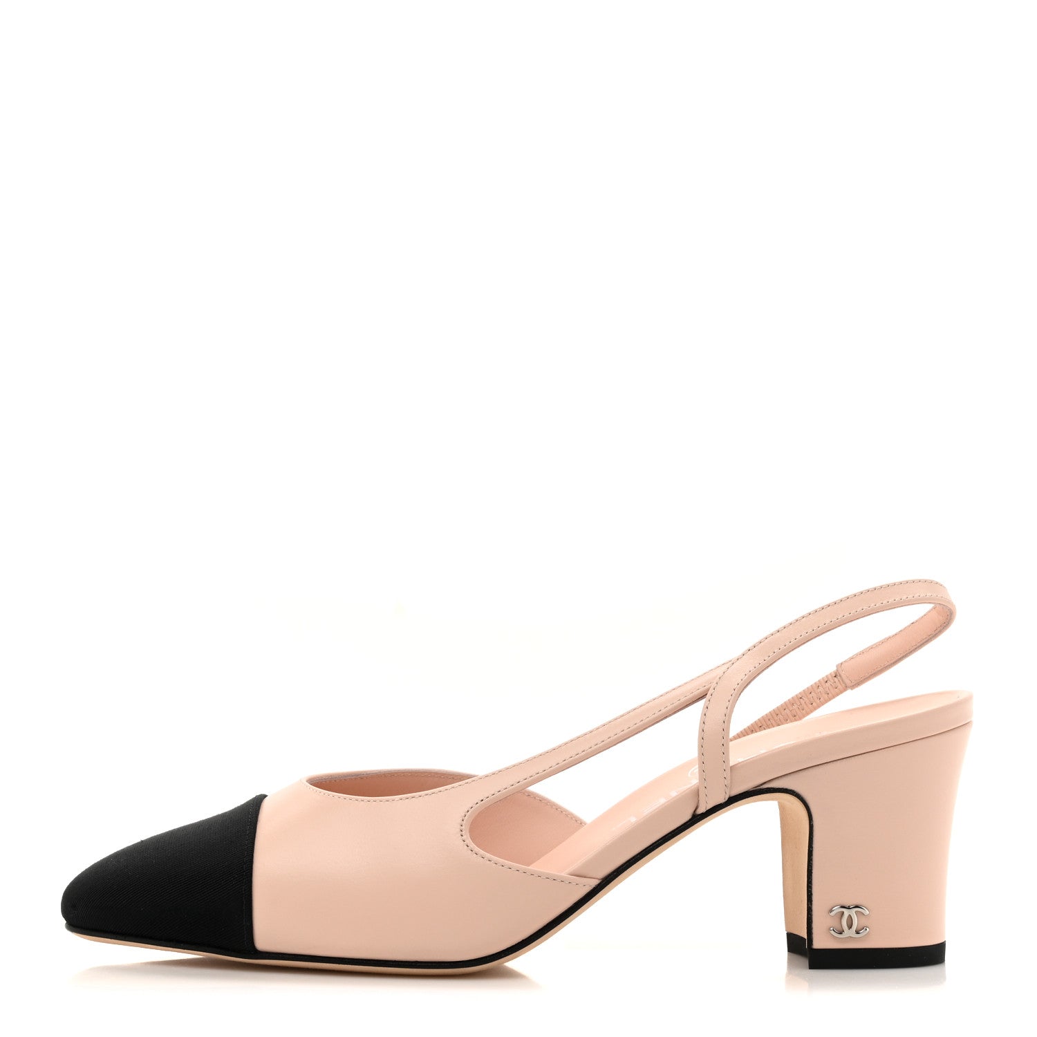 Calfskin Grosgrain Cap Toe CC Slingback Pumps 37 Light Pink Black