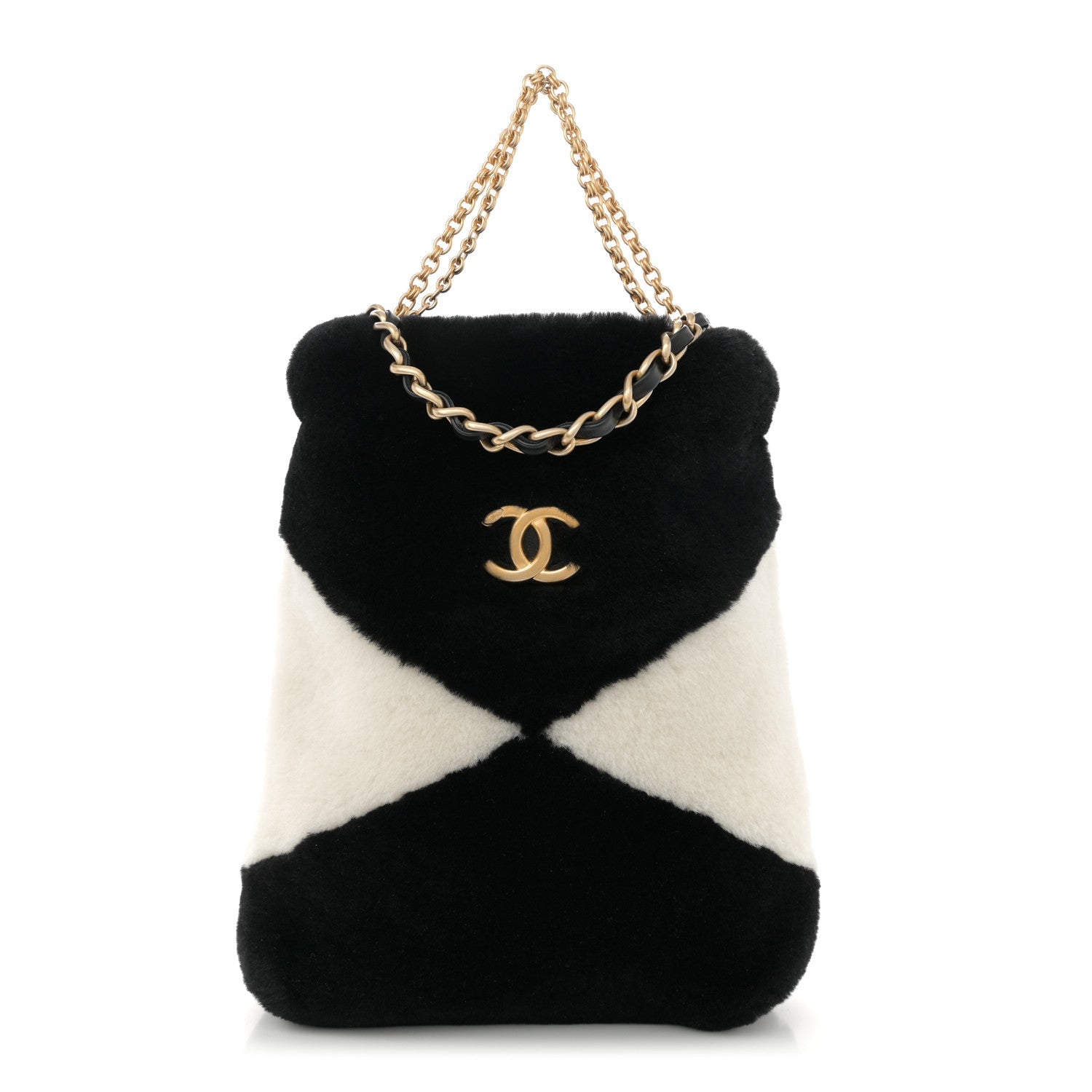 Shearling Checkered Drawstring Bag White Black
