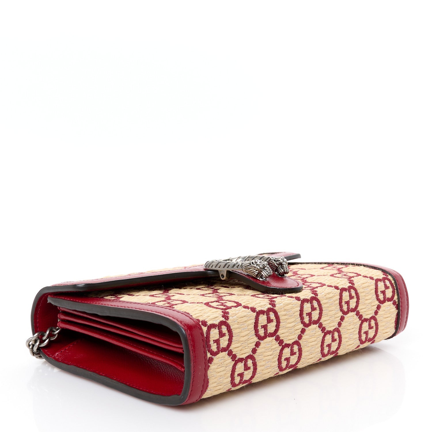 Straw Jacquard Azalea Calfskin GG Monogram Mini Dionysus Chain Wallet Natural New Cherry Red