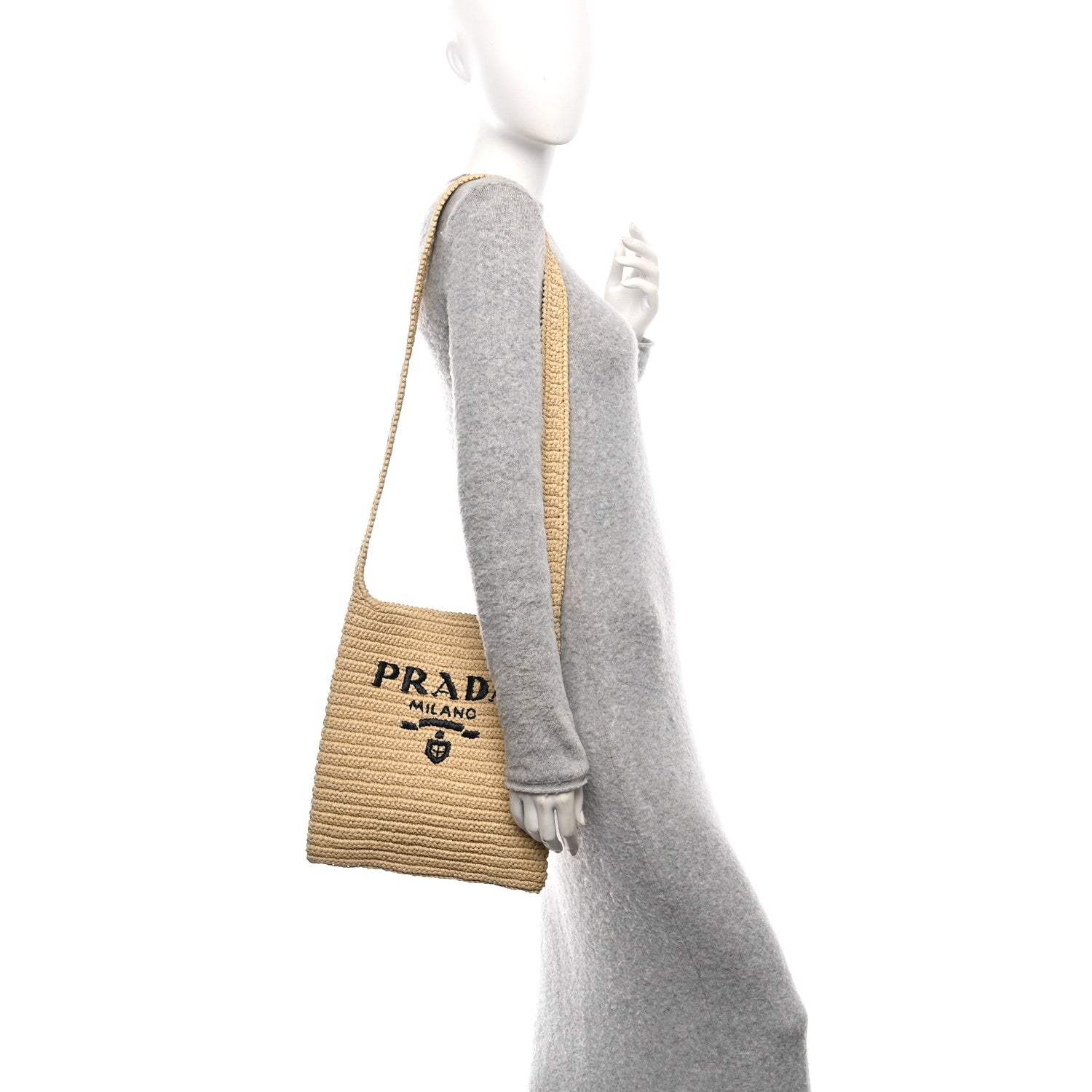 Yarn Raffia Effect Crochet Embroidered Logo Tote Messenger Bag Naturale