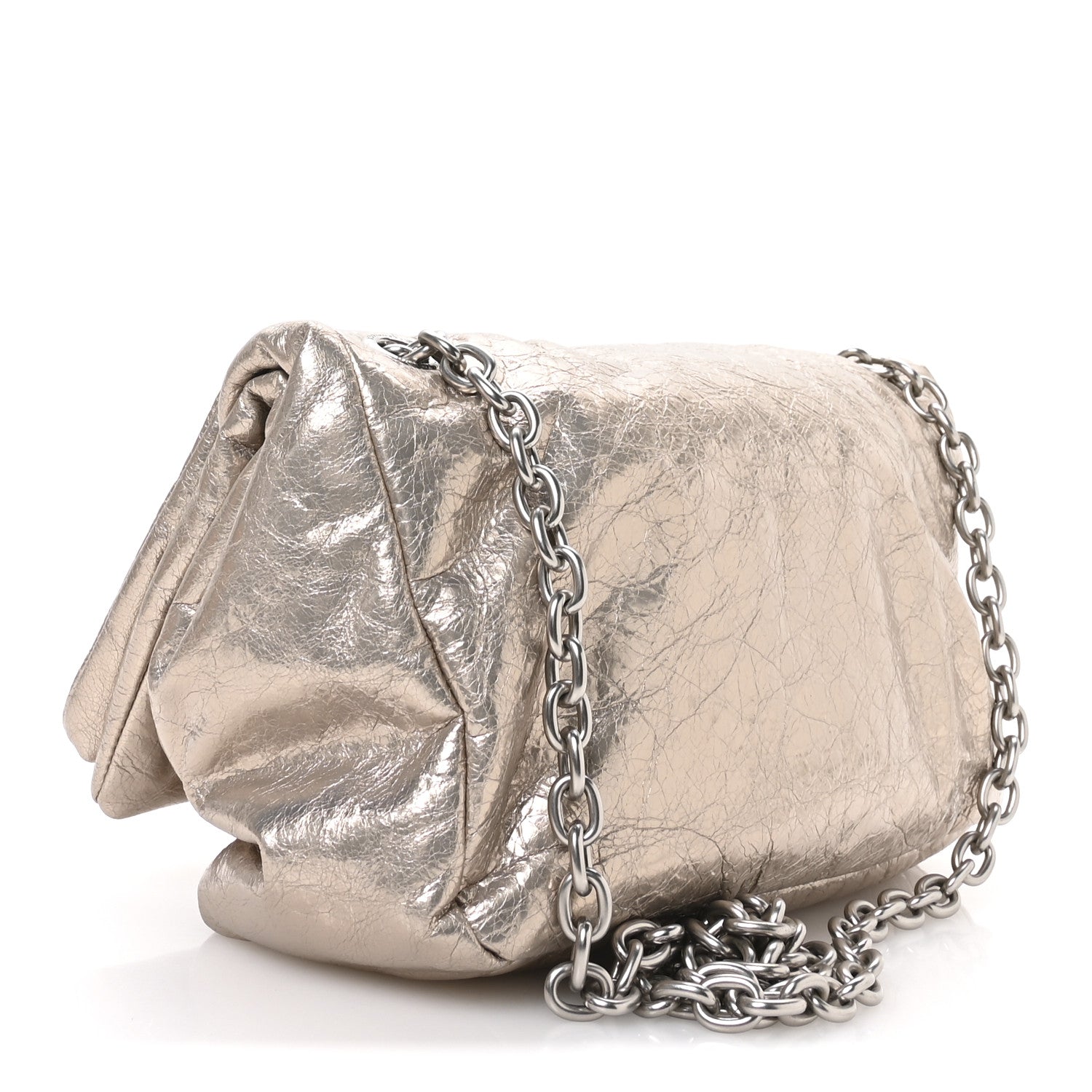 Metallized Arena Calfskin Small Monaco Chain Shoulder Bag Stone Beige