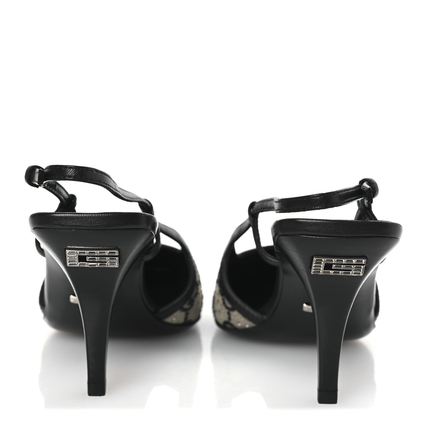 GG Monogram Malaga Kid Crystal Square G 75mm Slingback Pumps 37.5 Beige Blue