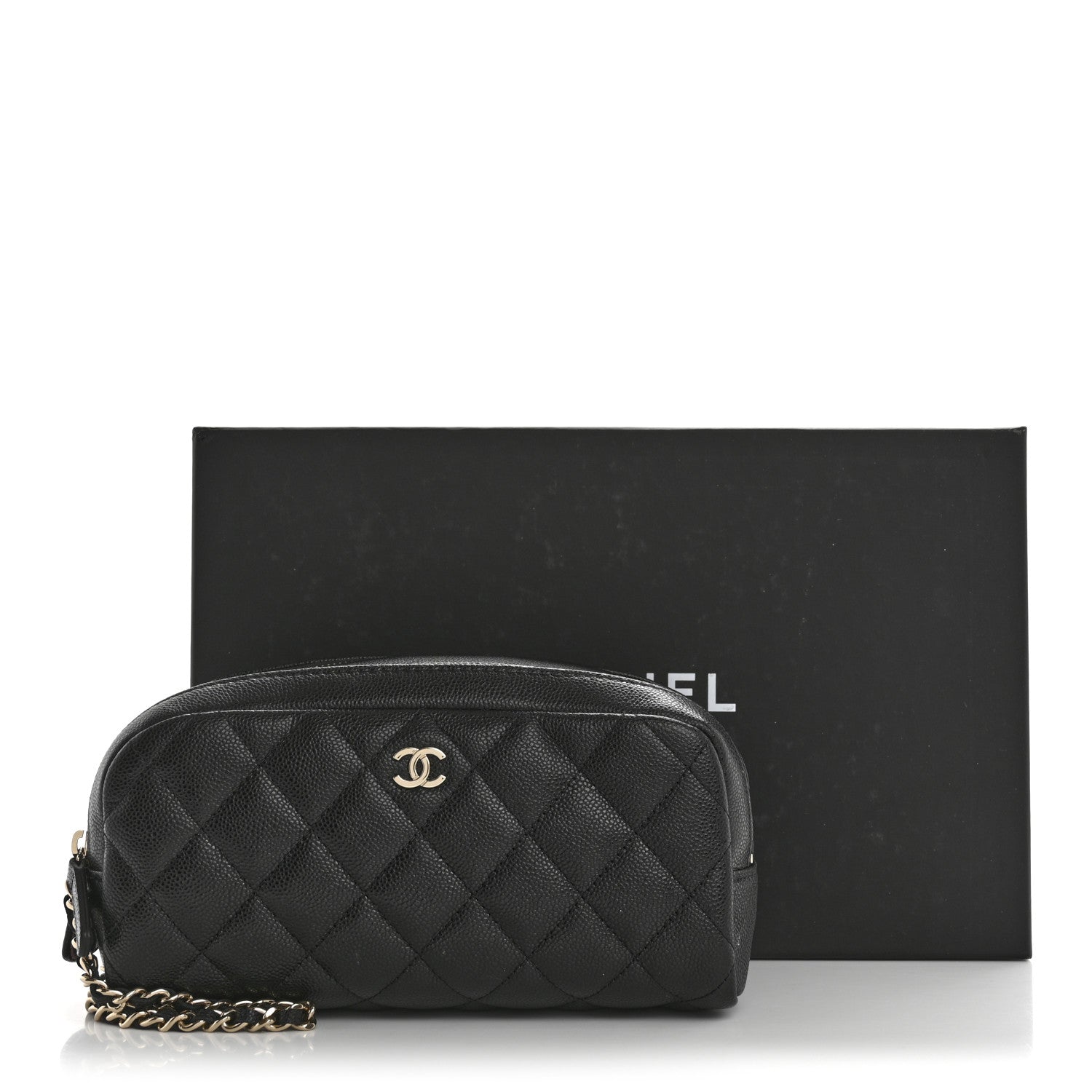 Caviar Quilted Toiletry Case With Chain Black
