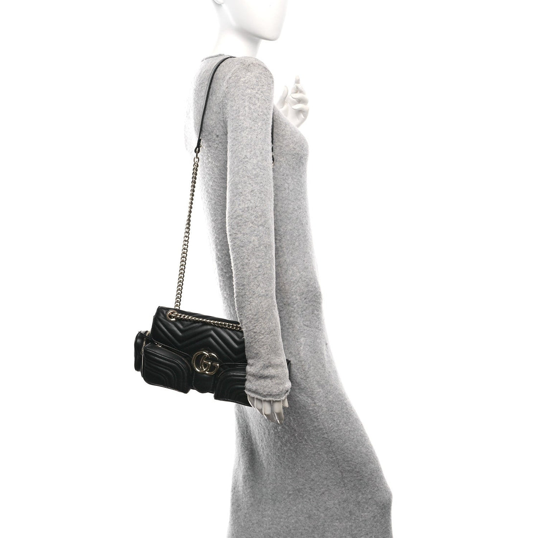 Calfskin Matelasse Small GG Marmont Multi Pocket Shoulder Bag Black