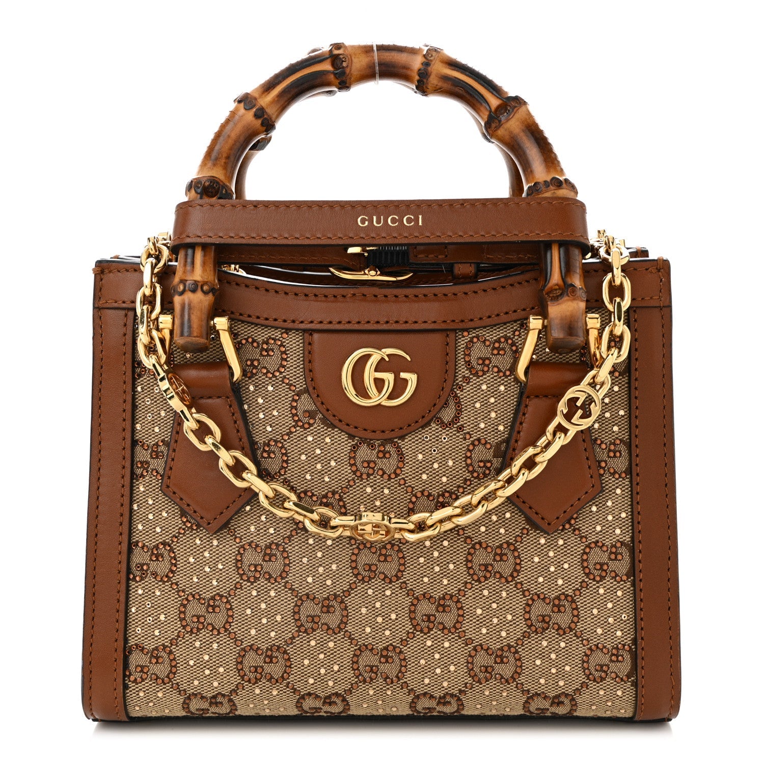 New Canvas Charisma Calfskin Crystal GG Monogram Mini Diana Tote Bag Camel Ebony