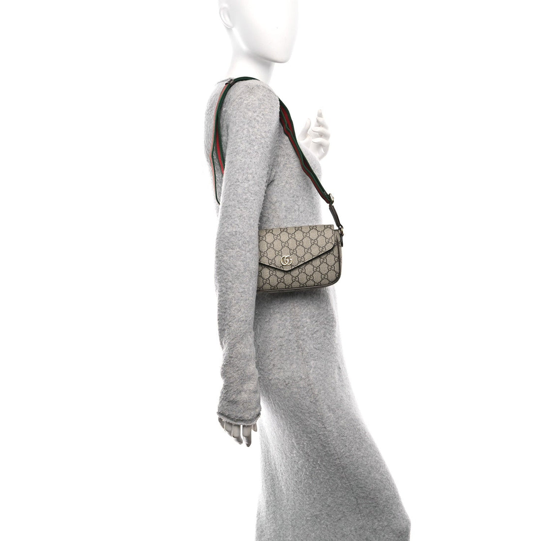 GG Supreme Monogram Textured Dollar Calfskin Web Mini Ophidia Envelope Shoulder Bag Beige Ebony