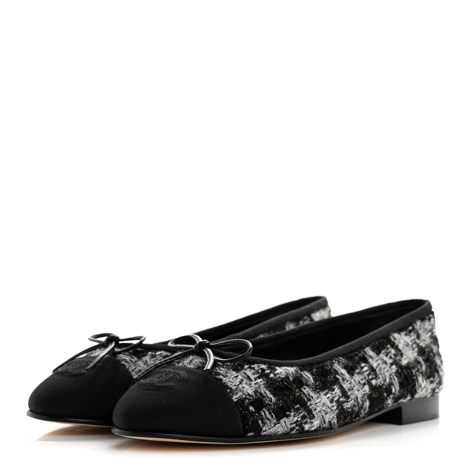 Wool Cotton Tweed Grosgrain Cap Toe Ballerina Flats 38 Black Gray