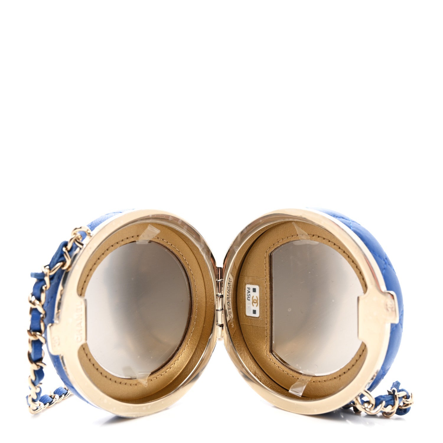 Lambskin Enamel Quilted Round Poker Chip Clutch With Chain Blue White