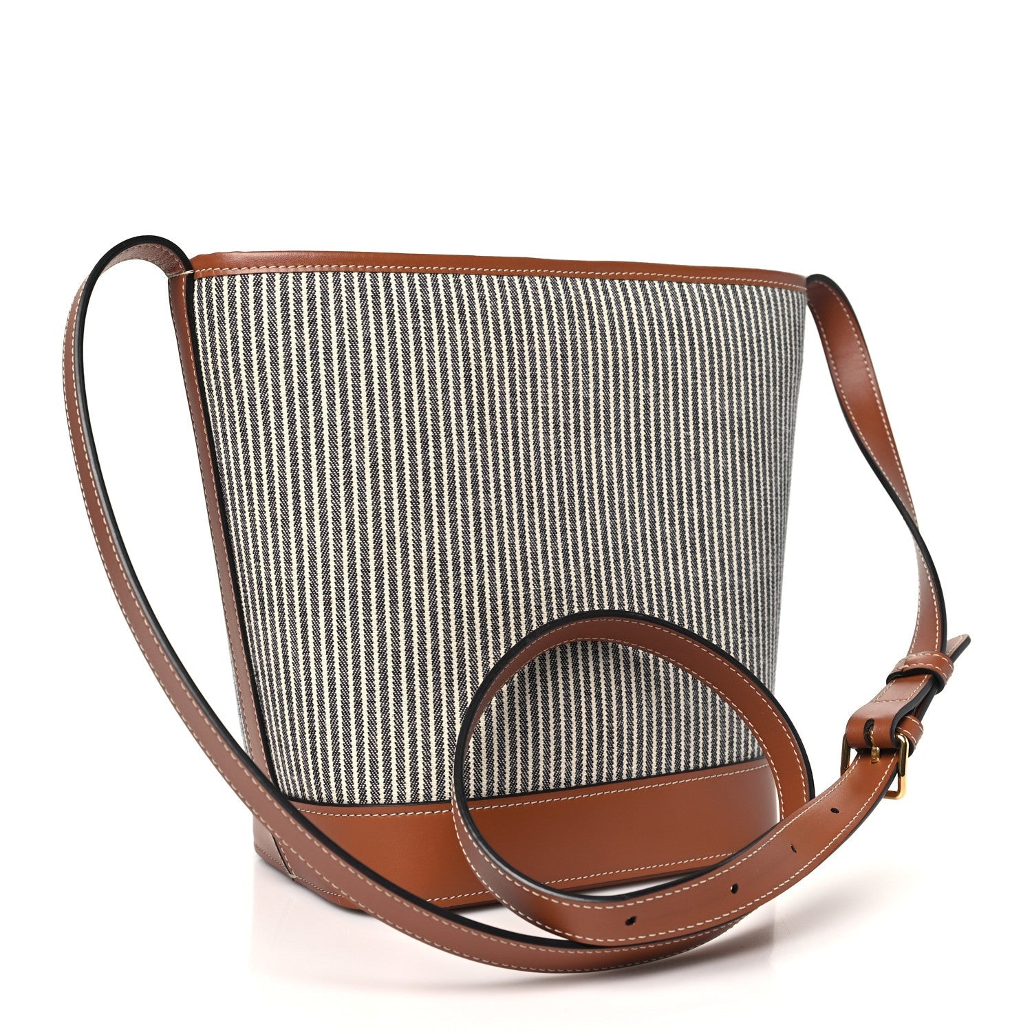 Canvas Calfskin Stripe Triomphe Small Bucket Bag Navy Blue Tan