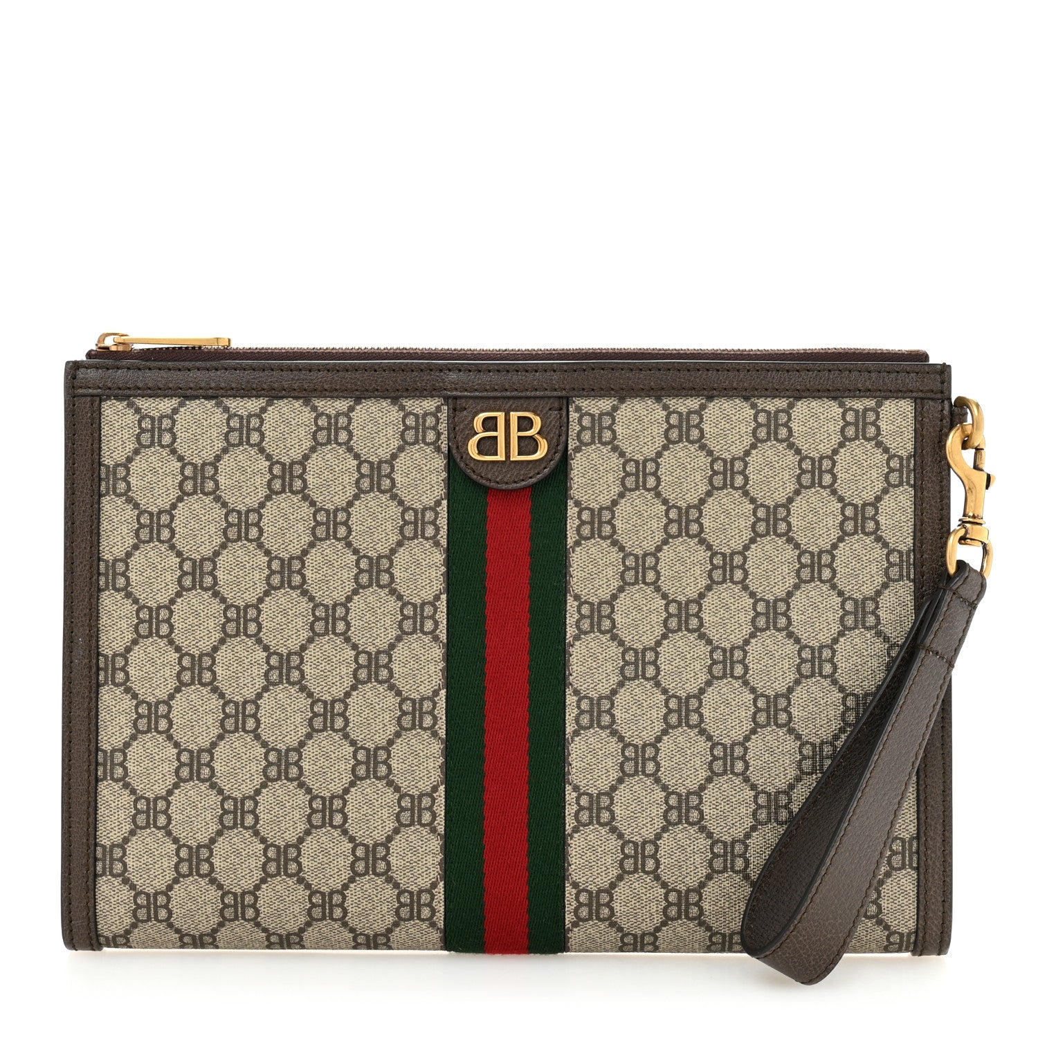 X BALENCIAGA BB Supreme Monogram Web Ophidia Wristlet Beige New Acero