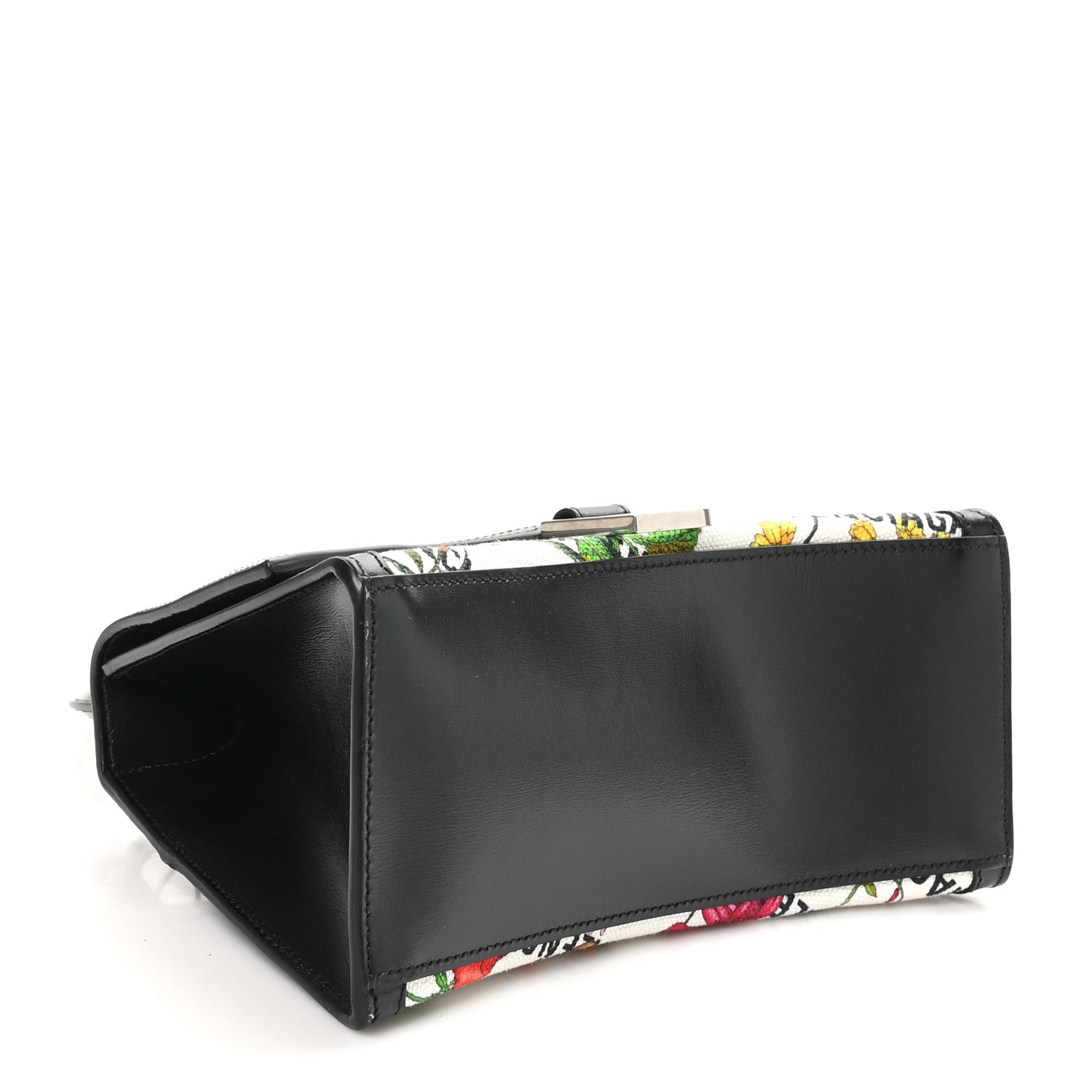 X GUCCI Canvas Boarded Plutone Calfskin Flora Logo Print Small Hourglass Top Handle Bag White Multicolor Black