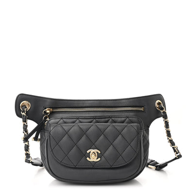 Calfskin Flap Chain Waist Bag Black