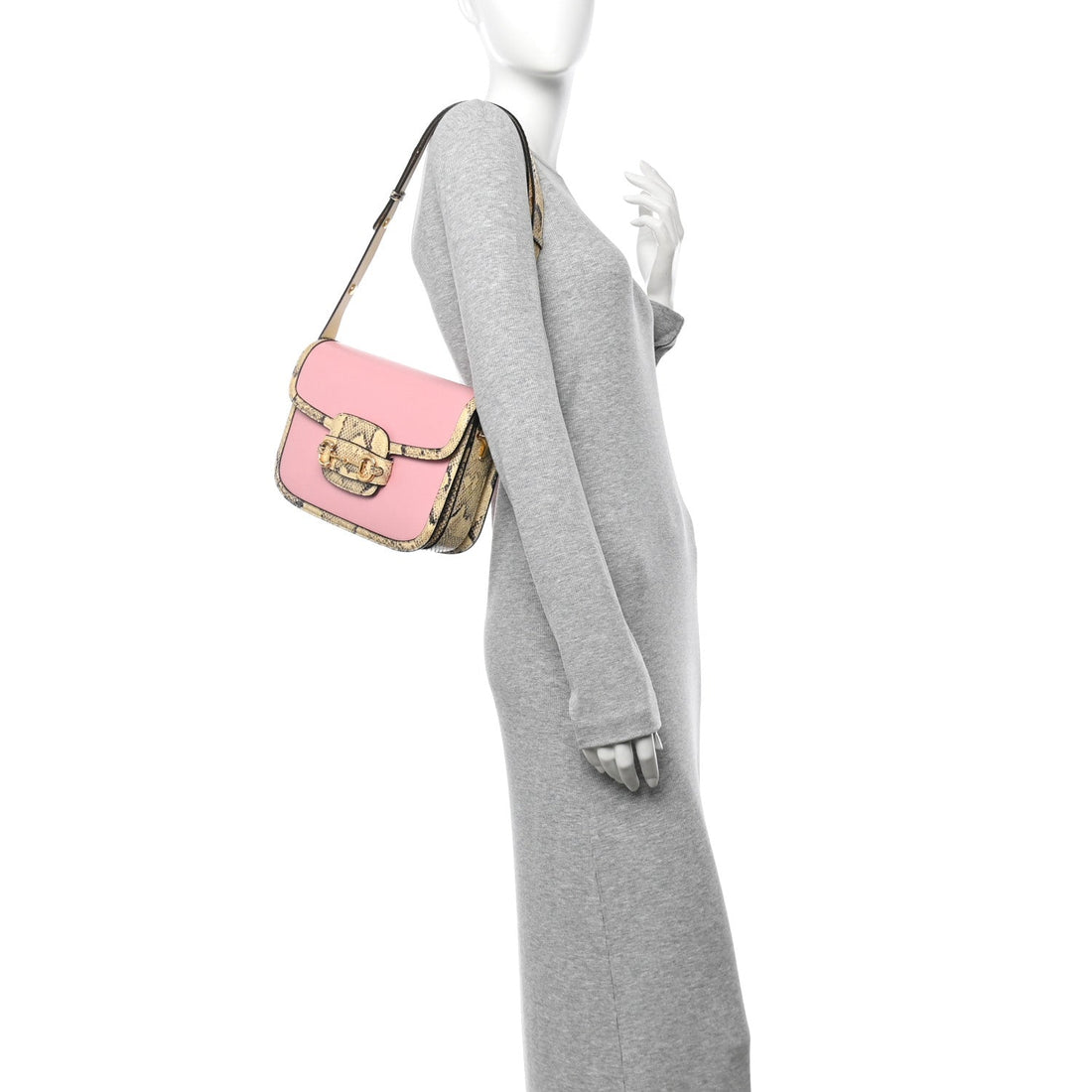 Azalea Calfskin Snakeskin Horsebit 1955 Shoulder Bag Wild Rose Beige