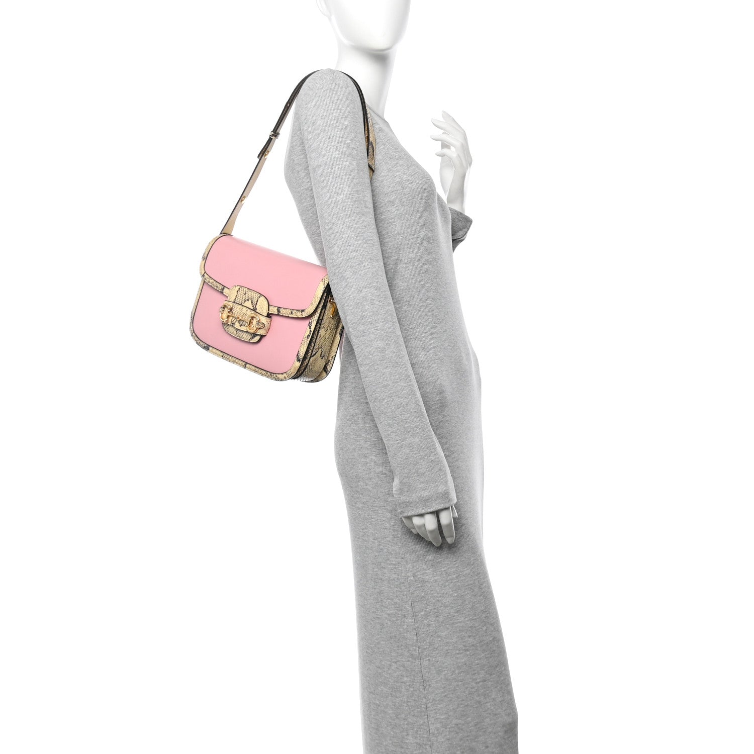 Azalea Calfskin Snakeskin Horsebit 1955 Shoulder Bag Wild Rose Beige