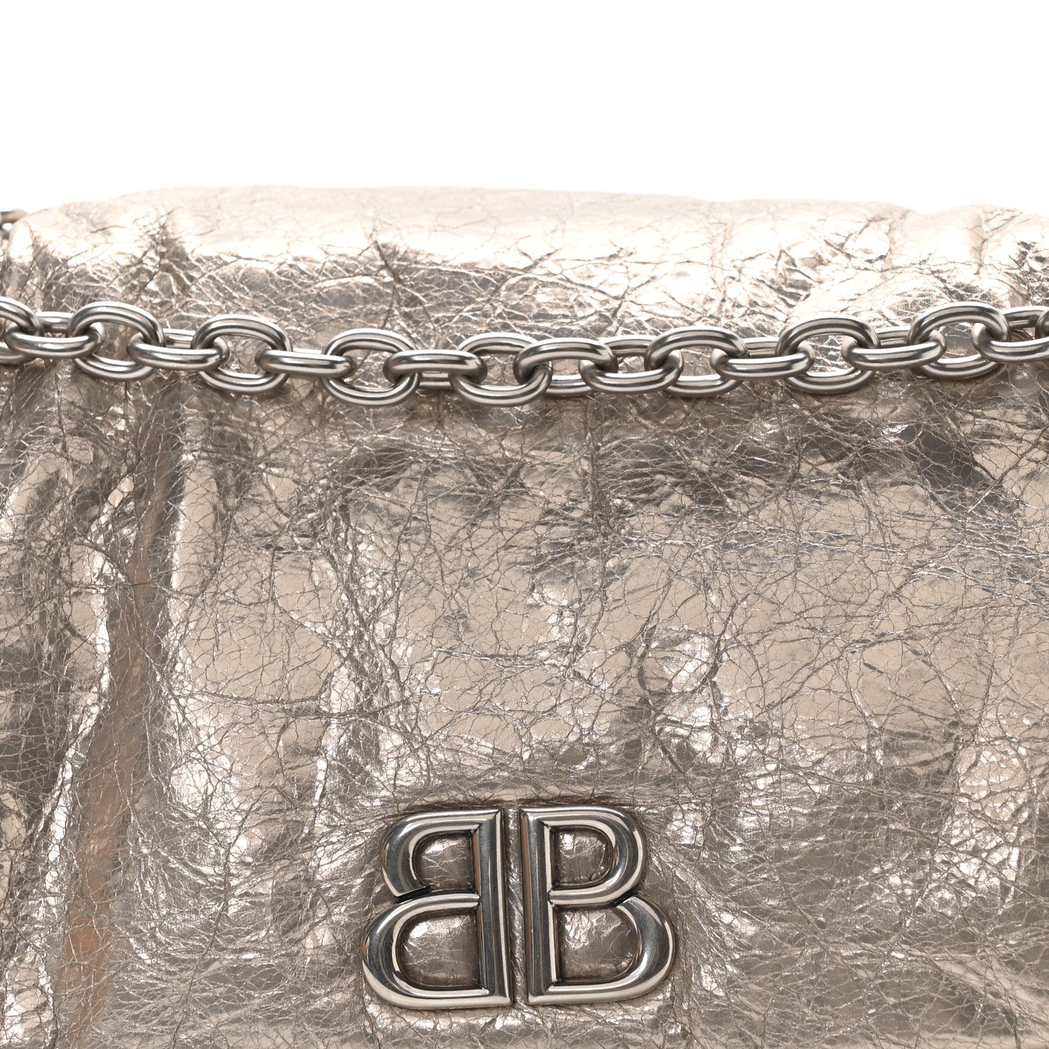 Metallized Arena Calfskin Small Monaco Chain Shoulder Bag Stone Beige