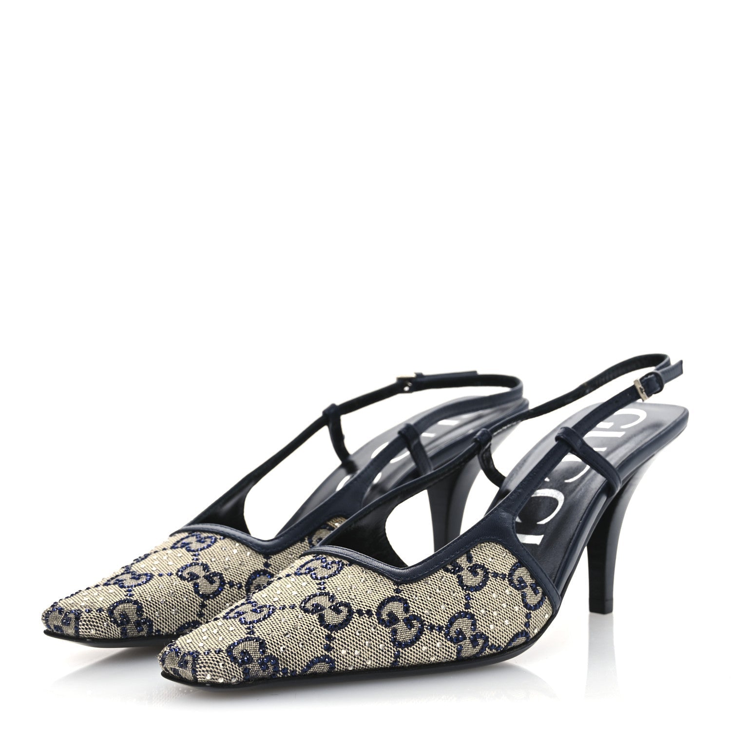 GG Monogram Malaga Kid Crystal Square G 75mm Slingback Pumps 37.5 Beige Blue
