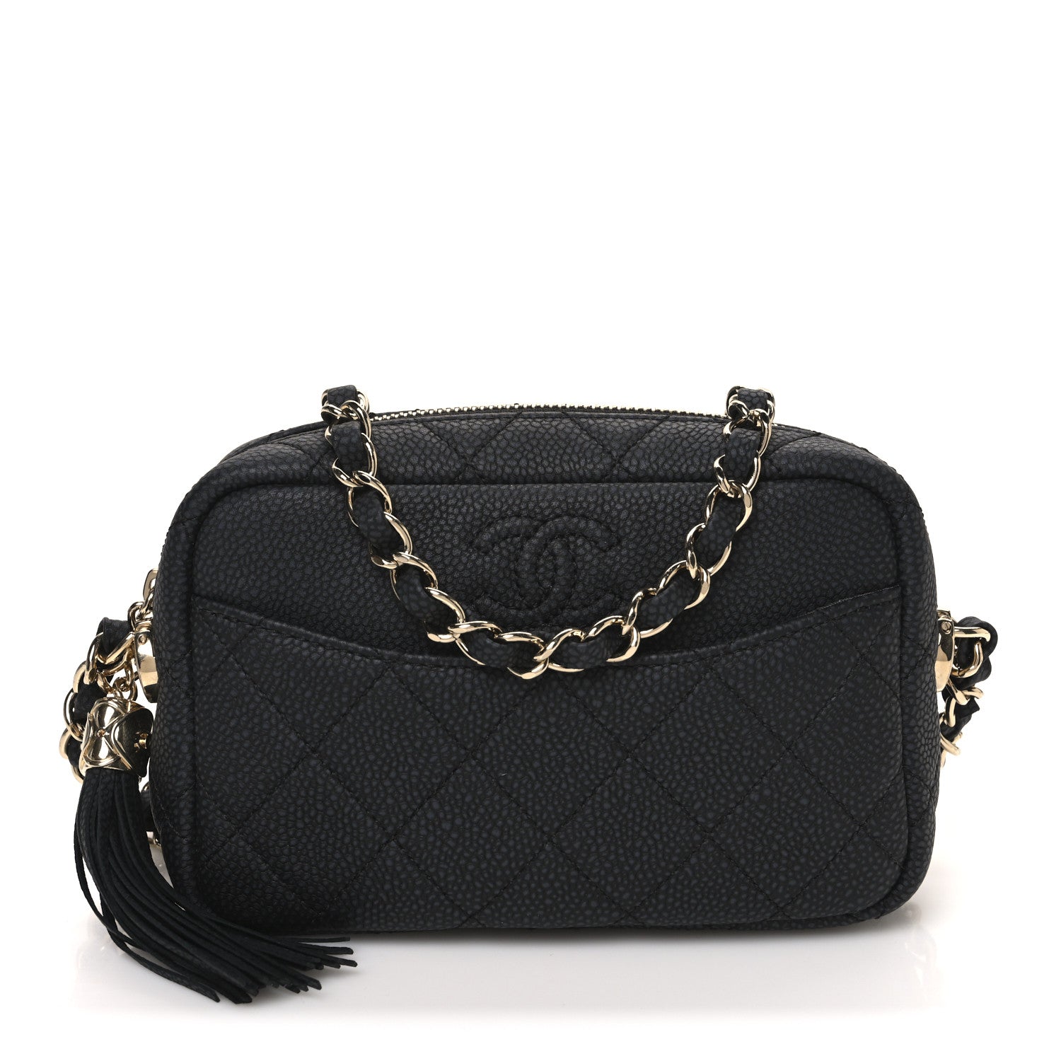 Iridescent Caviar Quilted Mini Coco Tassel Camera Case Black