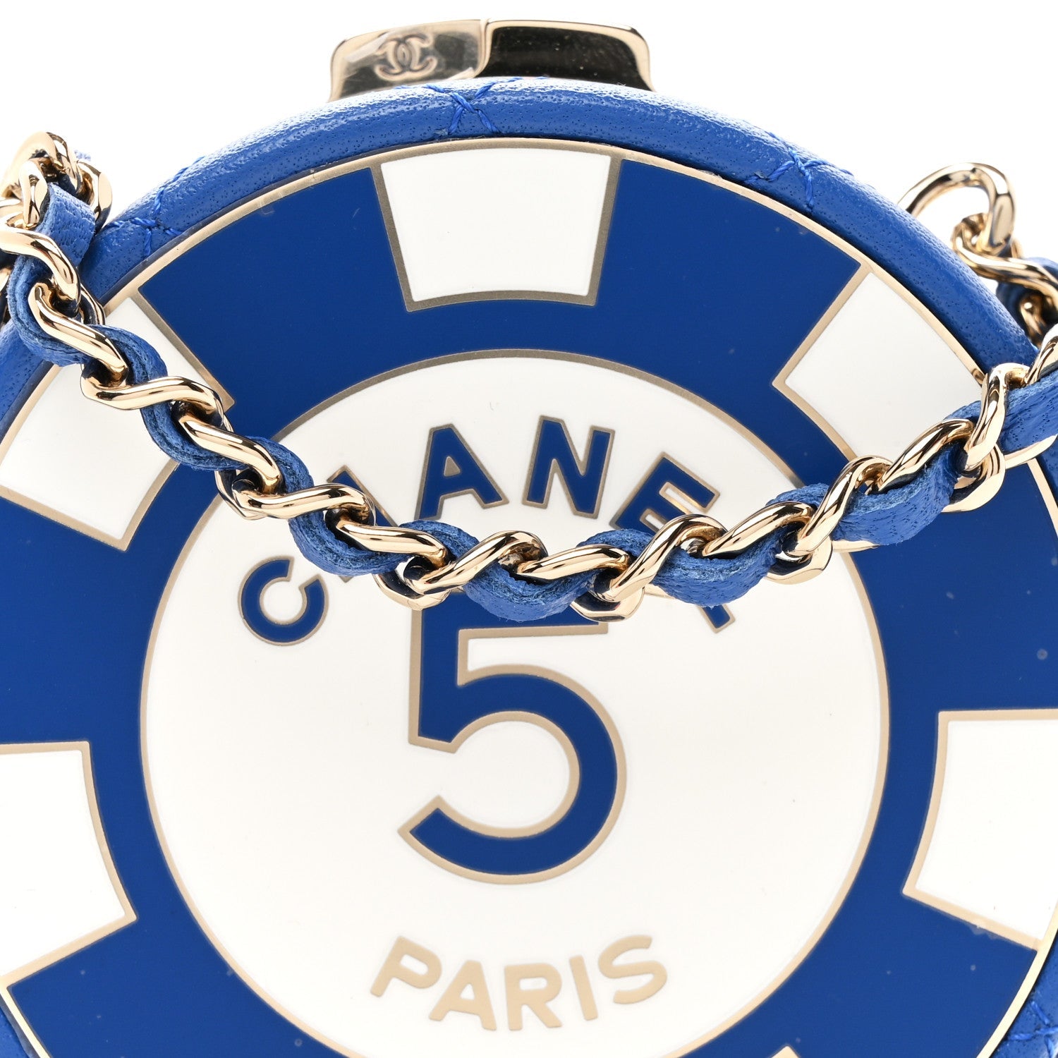 Lambskin Enamel Quilted Round Poker Chip Clutch With Chain Blue White