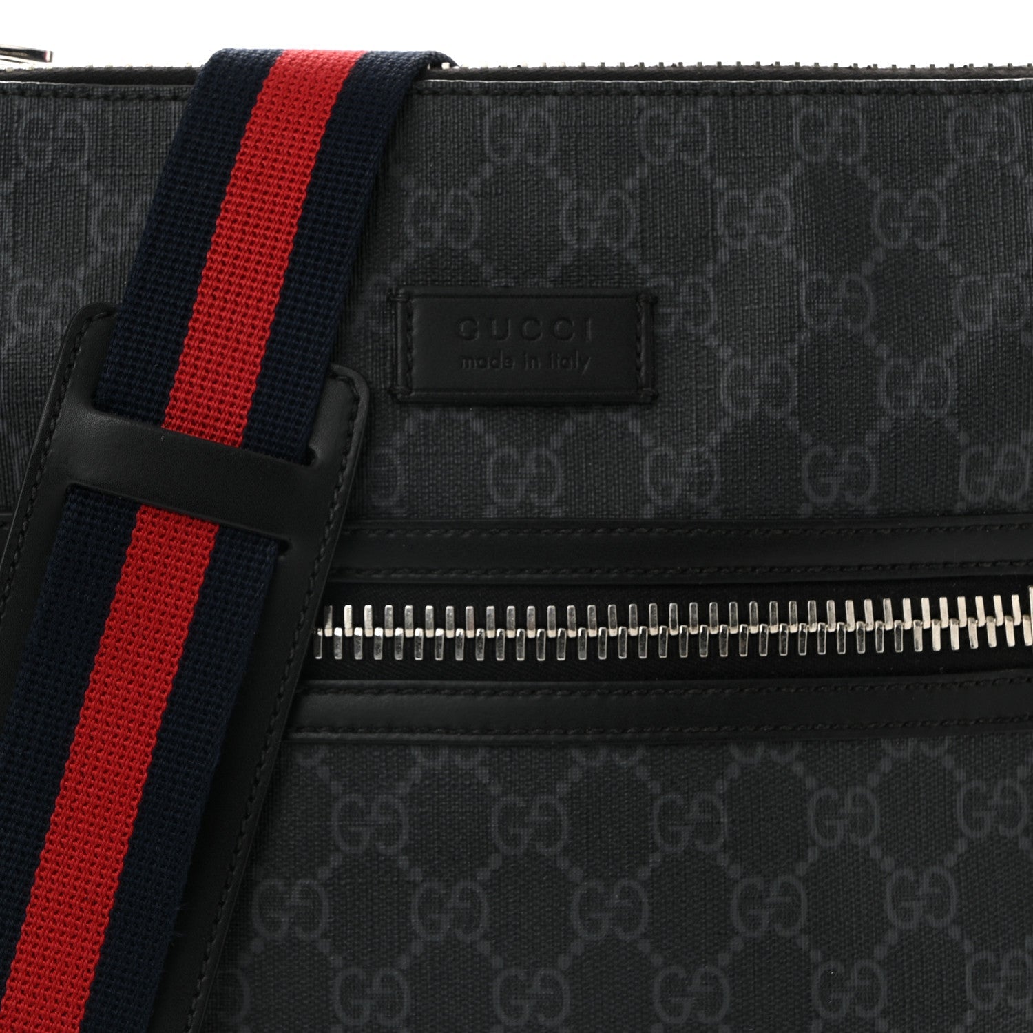 GG Supreme Monogram Appia Calfskin Web Flat Messenger Bag Black Grey