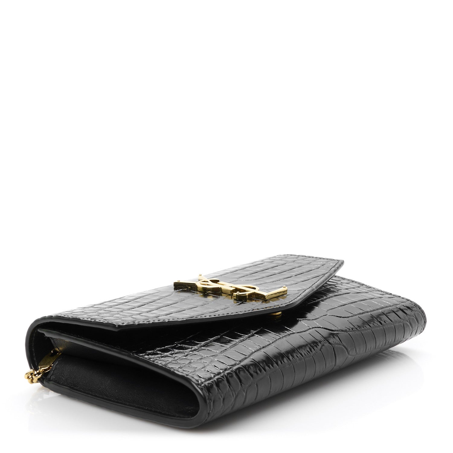 Calfskin Crocodile Embossed Monogram Uptown Chain Wallet Black