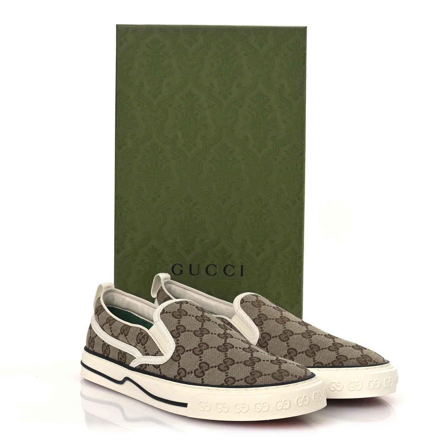 GG Monogram Mens 1977 Tennis Slip On Sneakers 8.5 Beige Ebony Mystic White