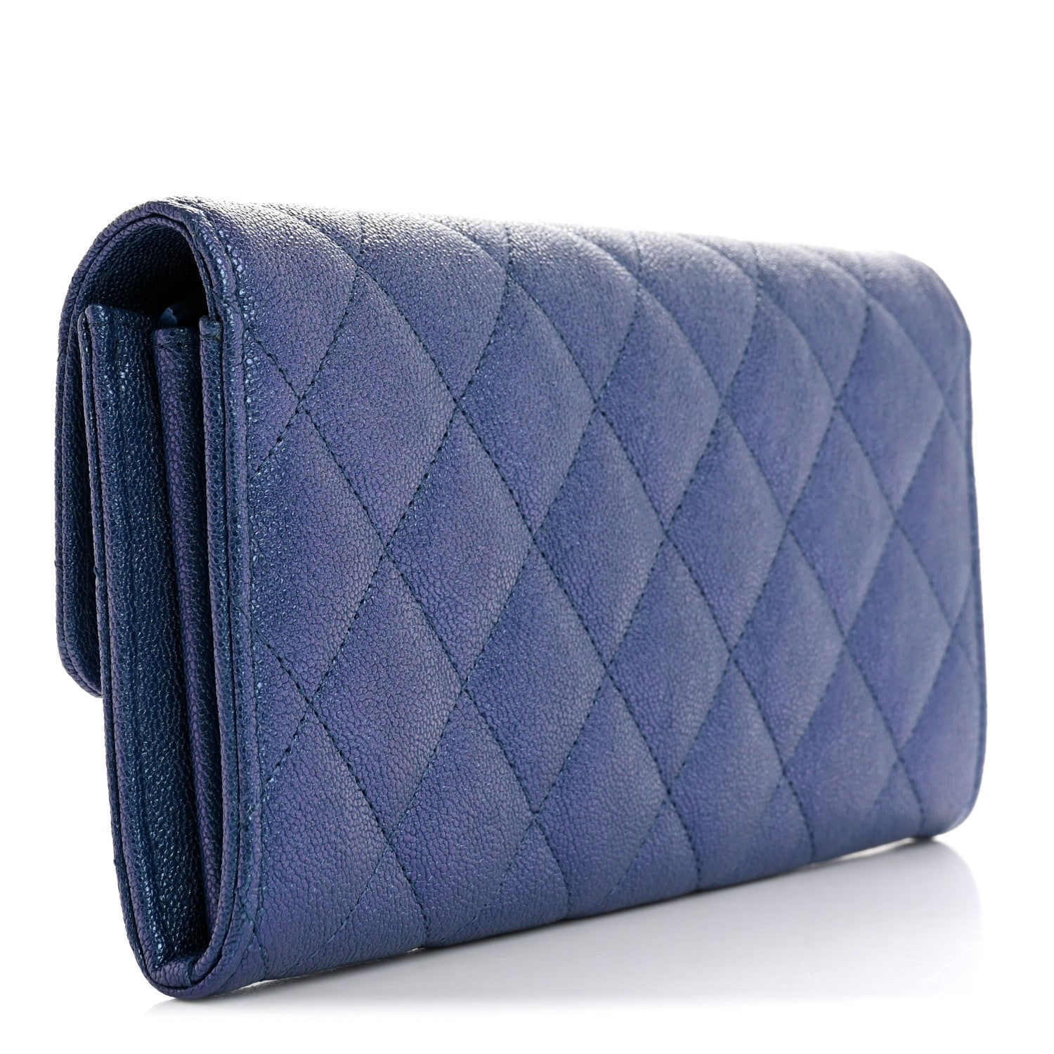 Iridescent Caviar Quilted Large Gusset Flap Wallet Dark Blue