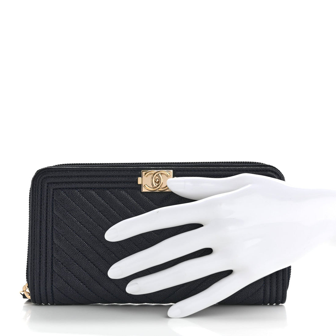 Caviar Chevron Quilted Zip Around Boy Wallet Navy