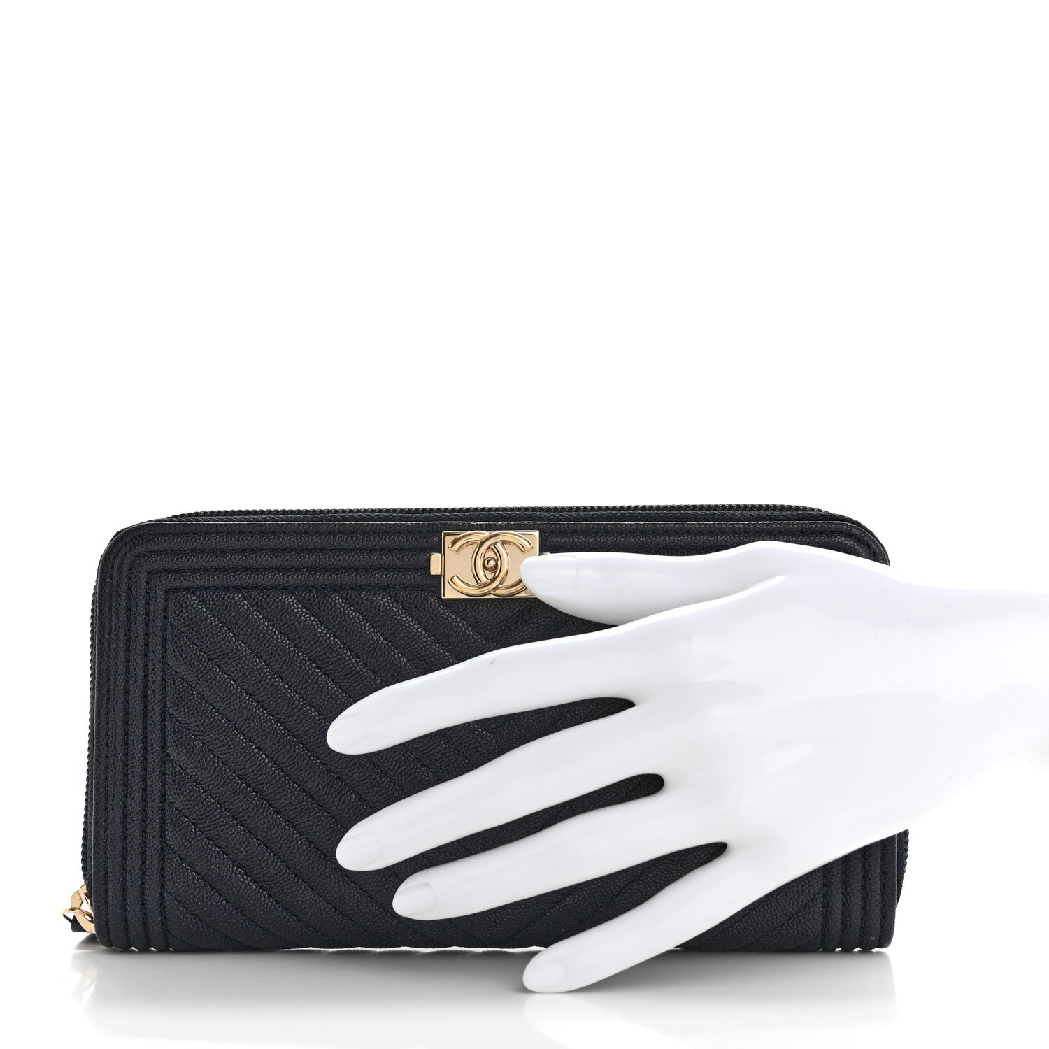 Caviar Chevron Quilted Zip Around Boy Wallet Navy