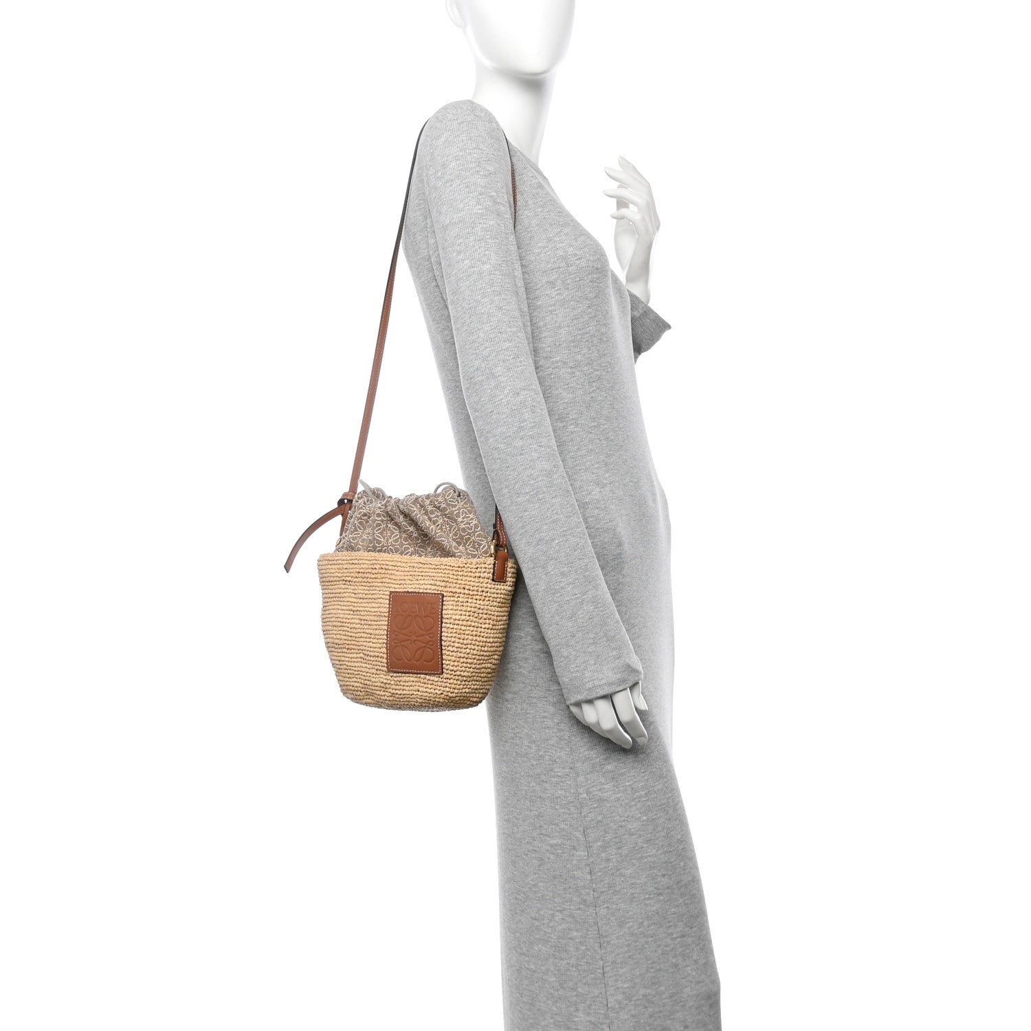 Calfskin Raffia Bucket Bag Natural Tan