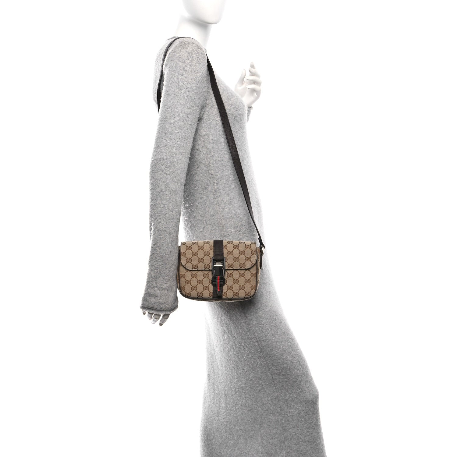 GG Supreme Monogram Textured Dollar Calfskin Mini Ophidia Buckle Shoulder Bag Beige Ebony New Acero