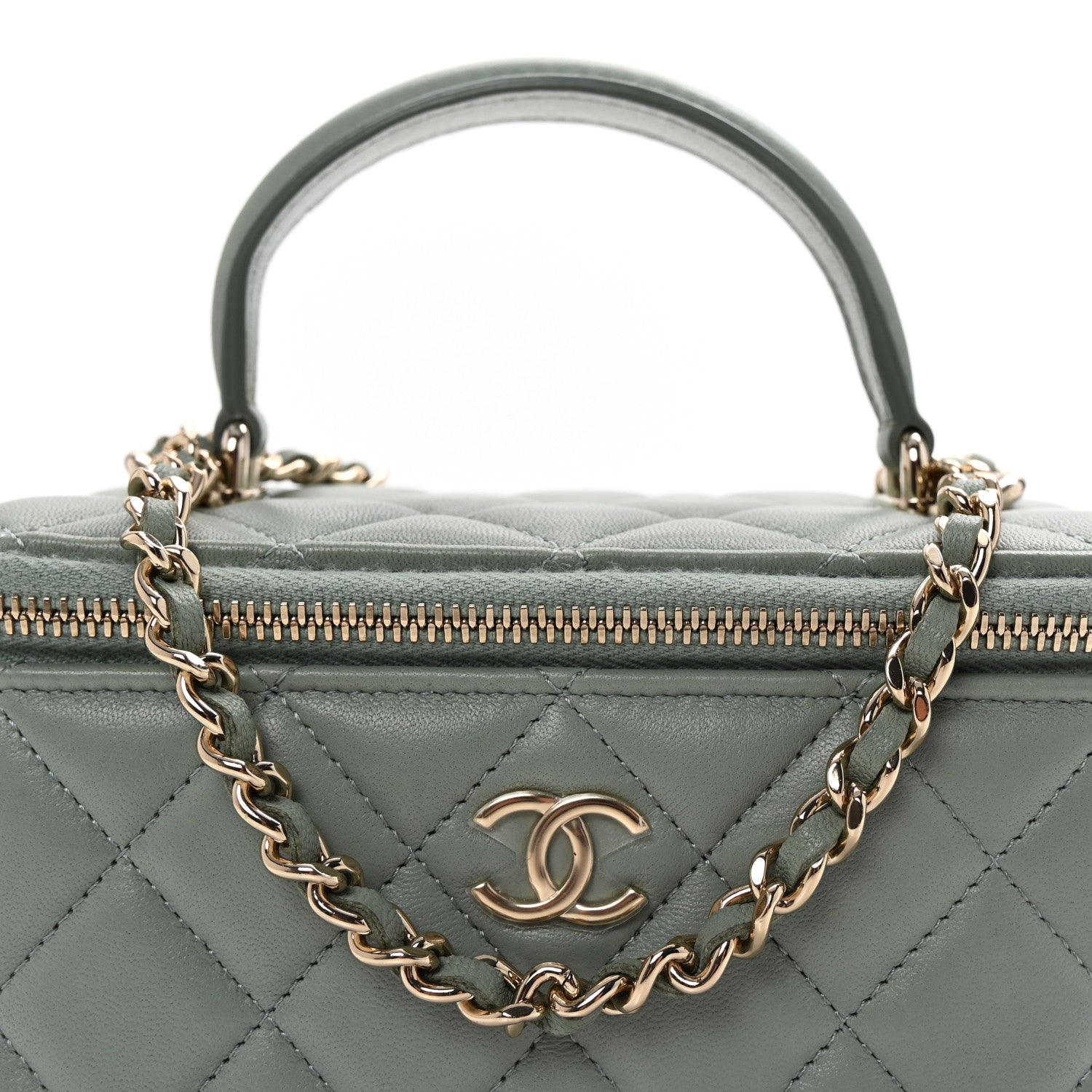 Lambskin Quilted Small Top Handle Vanity Case With Chain Light Blue