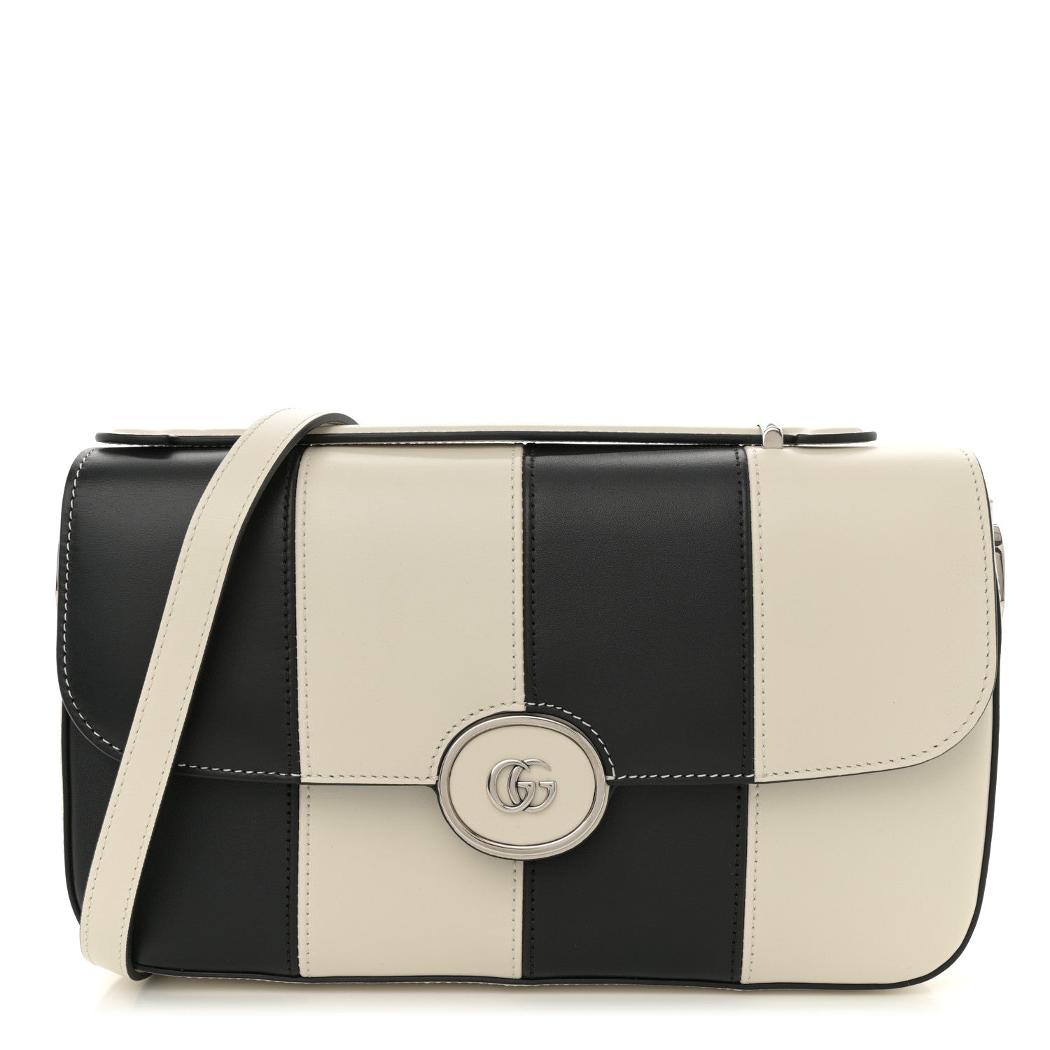 Senna Calfskin Lines Petite GG Top Handle Shoulder Bag Black Mystic White