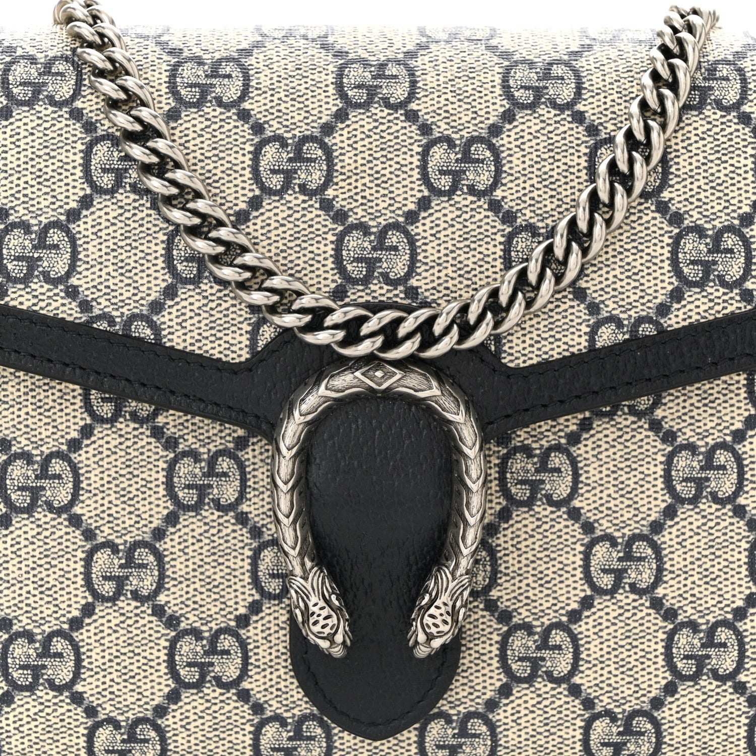 GG Supreme Monogram Textured Dollar Calfskin Mini Dionysus Chain Wallet Beige Blue