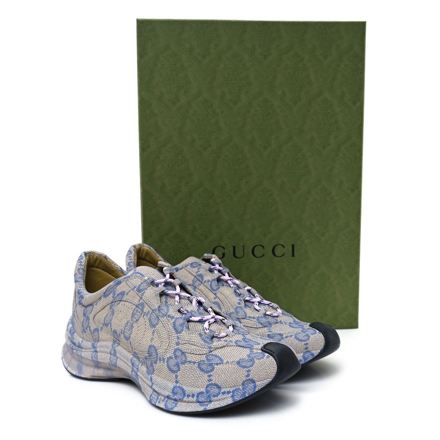 Ultralight Plume Calfskin Monogram Printed Mens Gucci Run Sneakers 9 Beige Blue