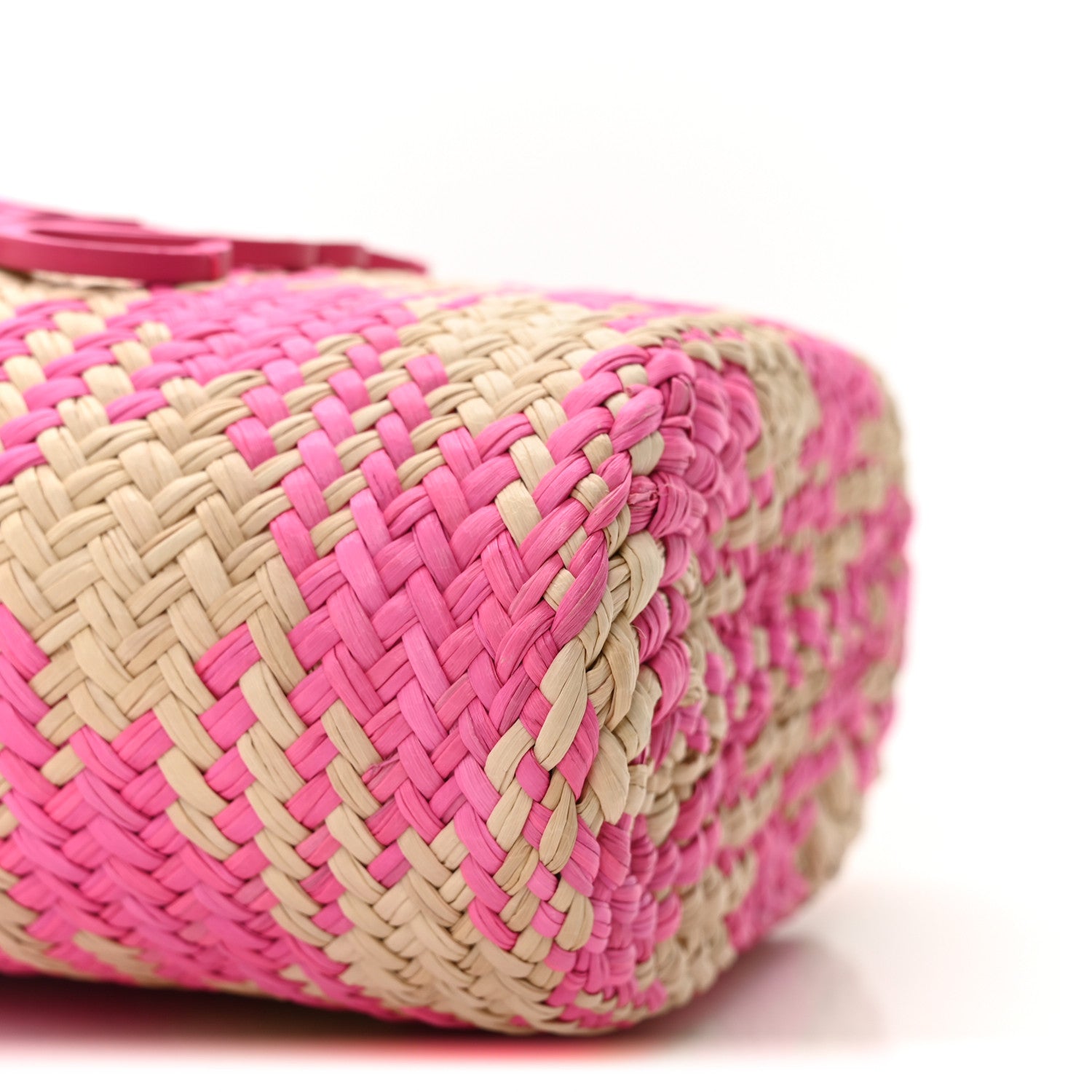 Iraca Palm Calfskin Anagram Square Pocket Bucket Bag Natural Fuchsia