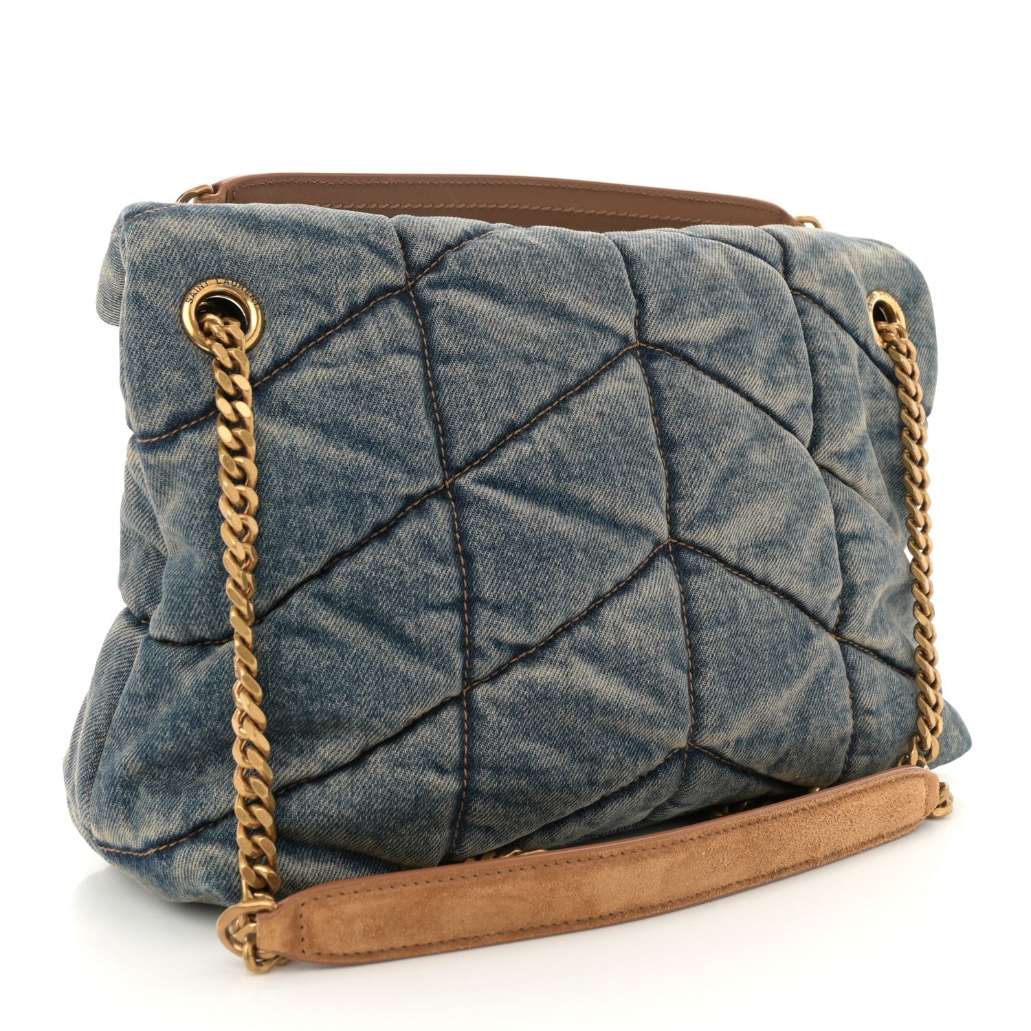 Denim Quilted Small Loulou Puffer Monogram Chain Satchel Blue Cinnamon
