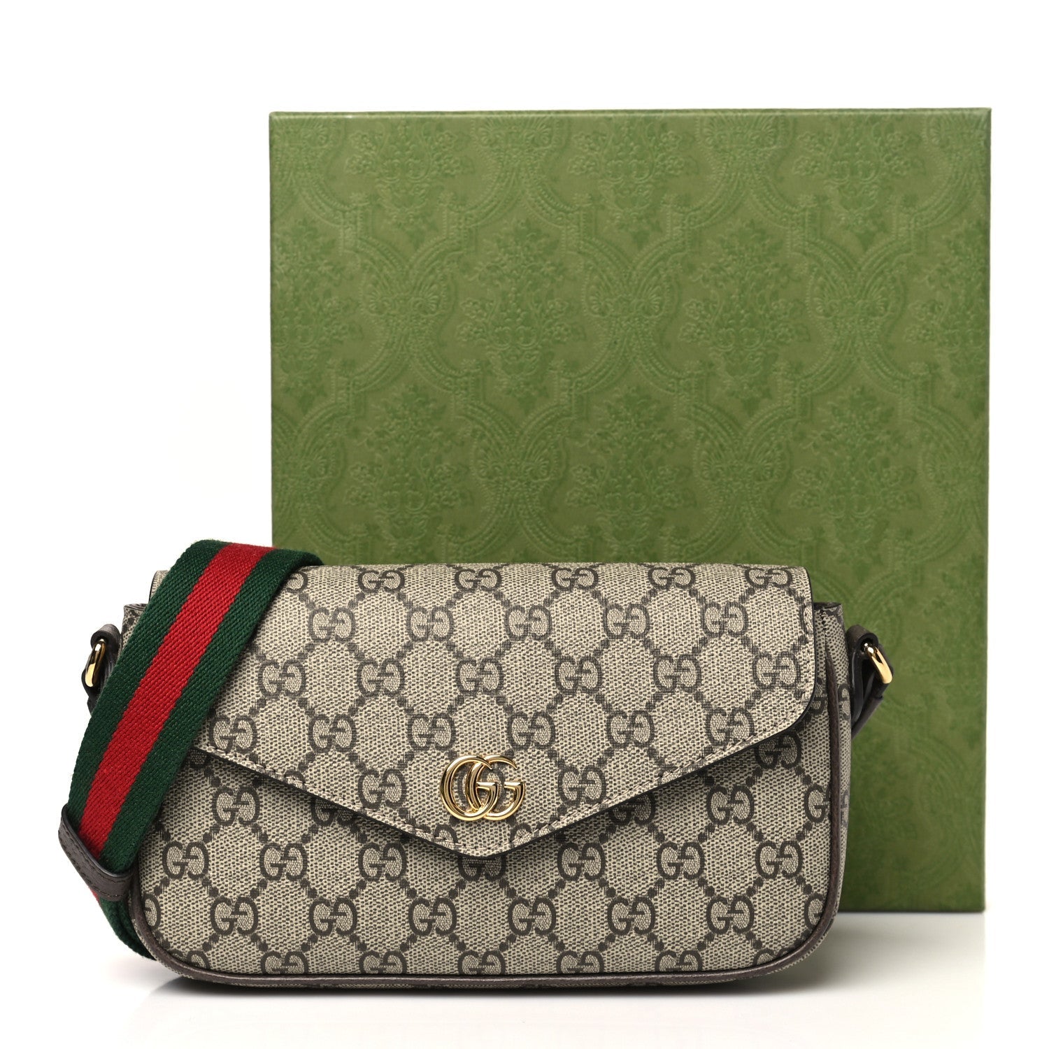 GG Supreme Monogram Textured Dollar Calfskin Web Mini Ophidia Envelope Shoulder Bag Beige Ebony