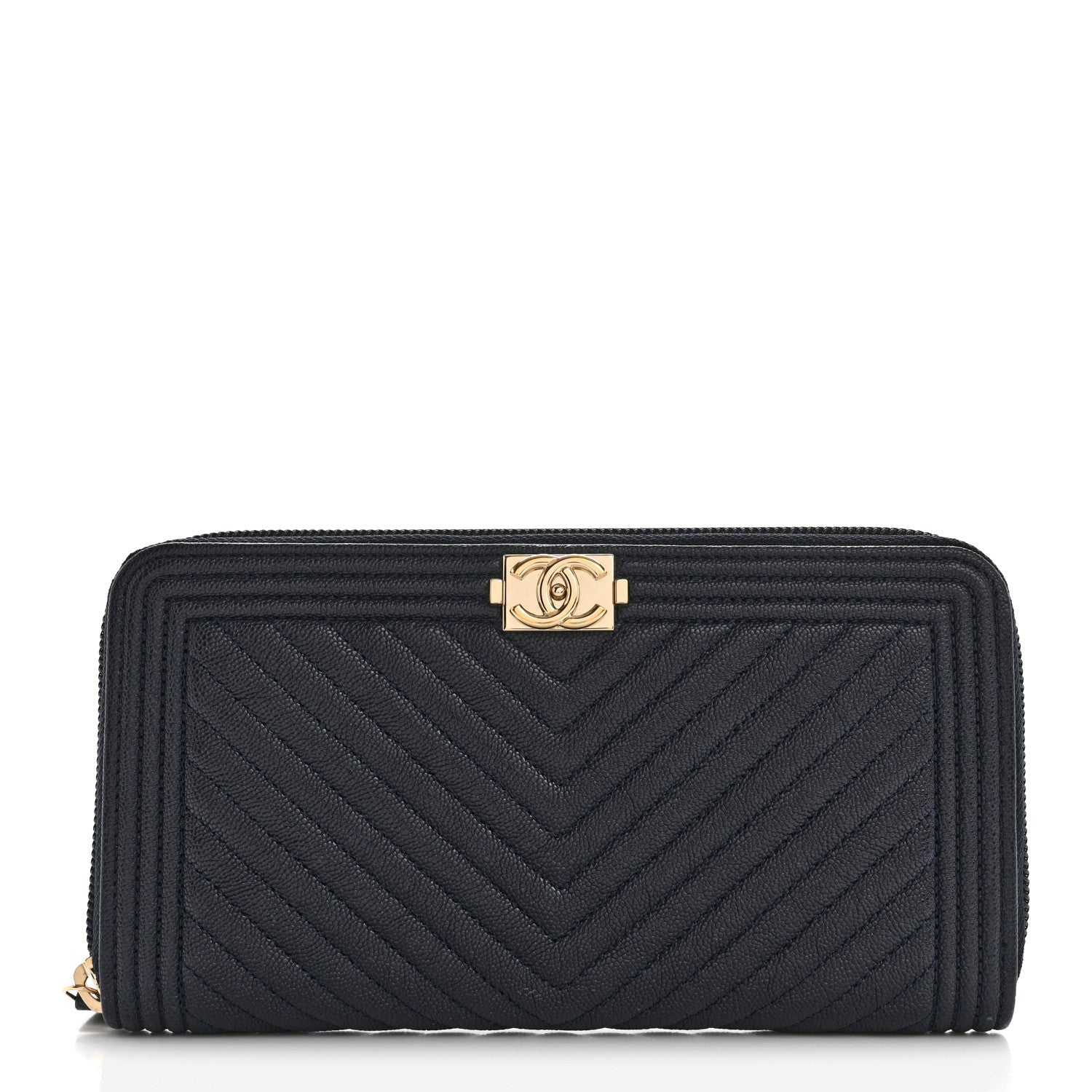 Caviar Chevron Quilted Zip Around Boy Wallet Navy