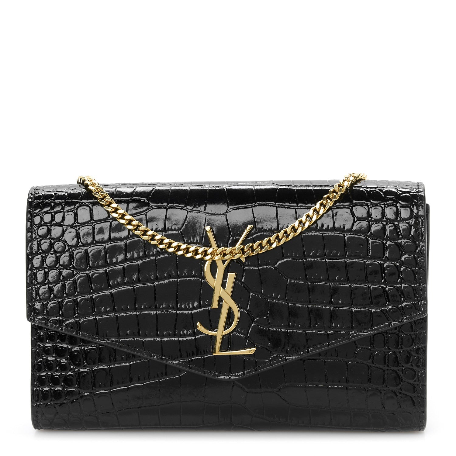 Calfskin Crocodile Embossed Monogram Uptown Chain Wallet Black